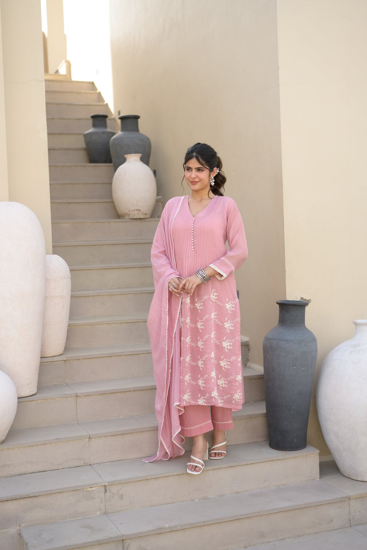 Pink Mul Chanderi Suit Set with Kota Doriya Dupatta