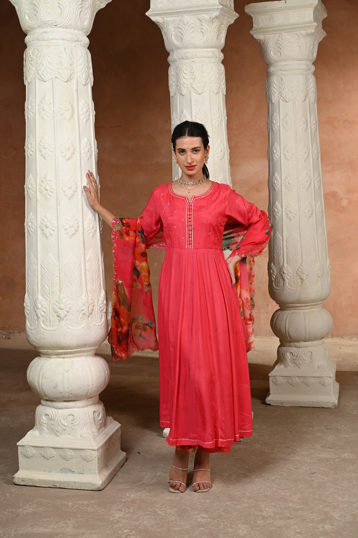 Pink Zubeidaa Muslin Anarkali Suit Set with Organza Floral Dupatta