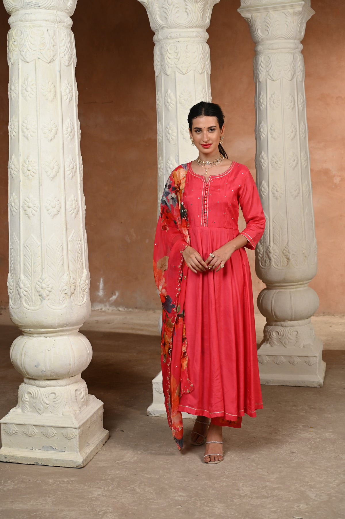 Pink Zubeidaa Muslin Anarkali Suit Set with Organza Floral Dupatta