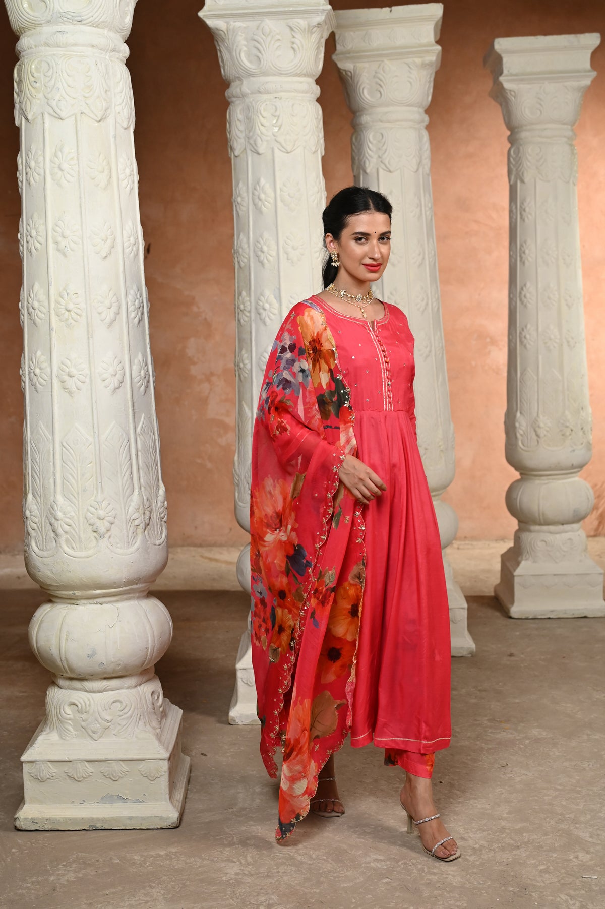 Pink Zubeidaa Muslin Anarkali Suit Set with Organza Floral Dupatta