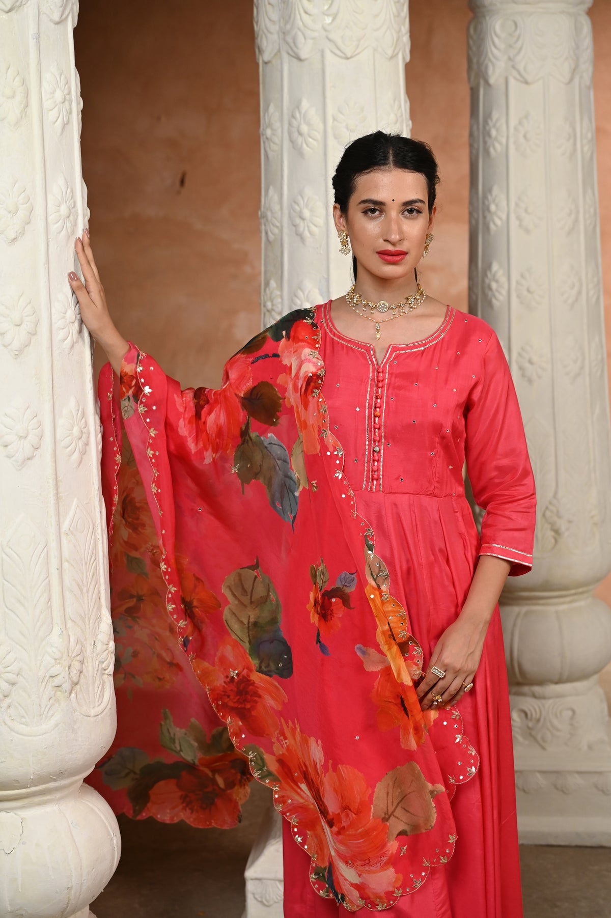 Pink Zubeidaa Muslin Anarkali Suit Set with Organza Floral Dupatta