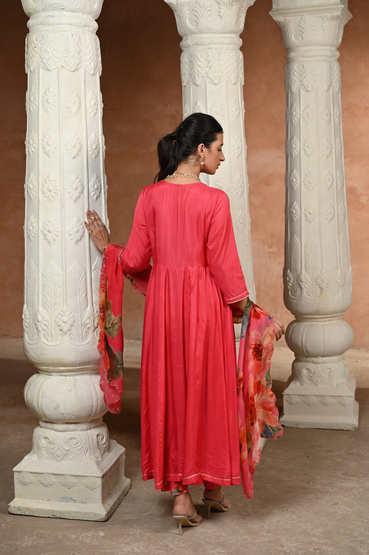 Pink Zubeidaa Muslin Anarkali Suit Set with Organza Floral Dupatta