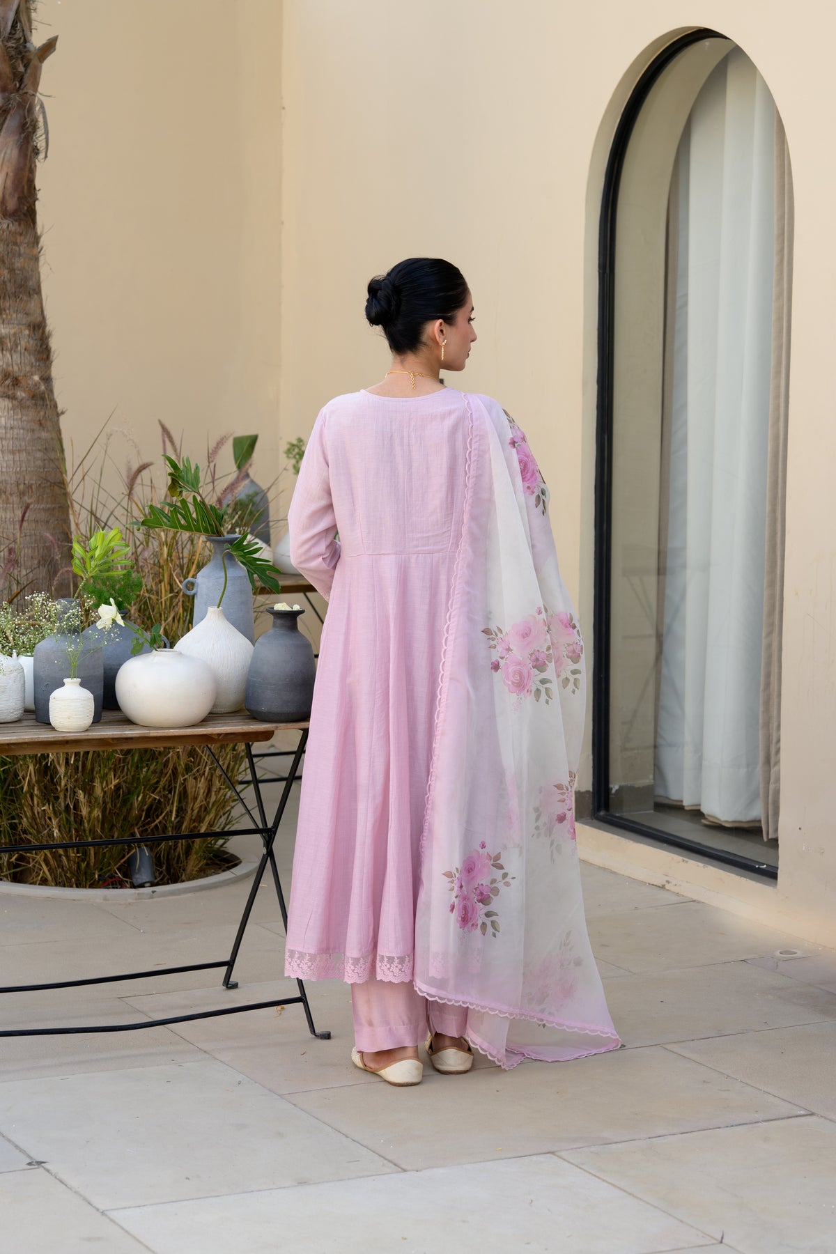 Lavender Mul Chanderi Anarkali Suit Set with Organza Floral Duppata with Scallope Border and Lace