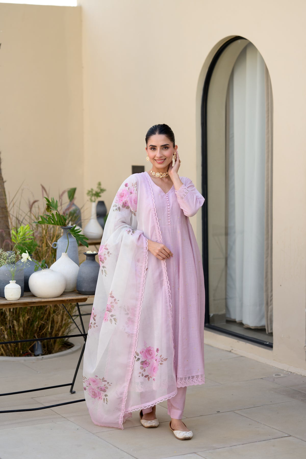Lavender Mul Chanderi Anarkali Suit Set with Organza Floral Duppata with Scallope Border and Lace