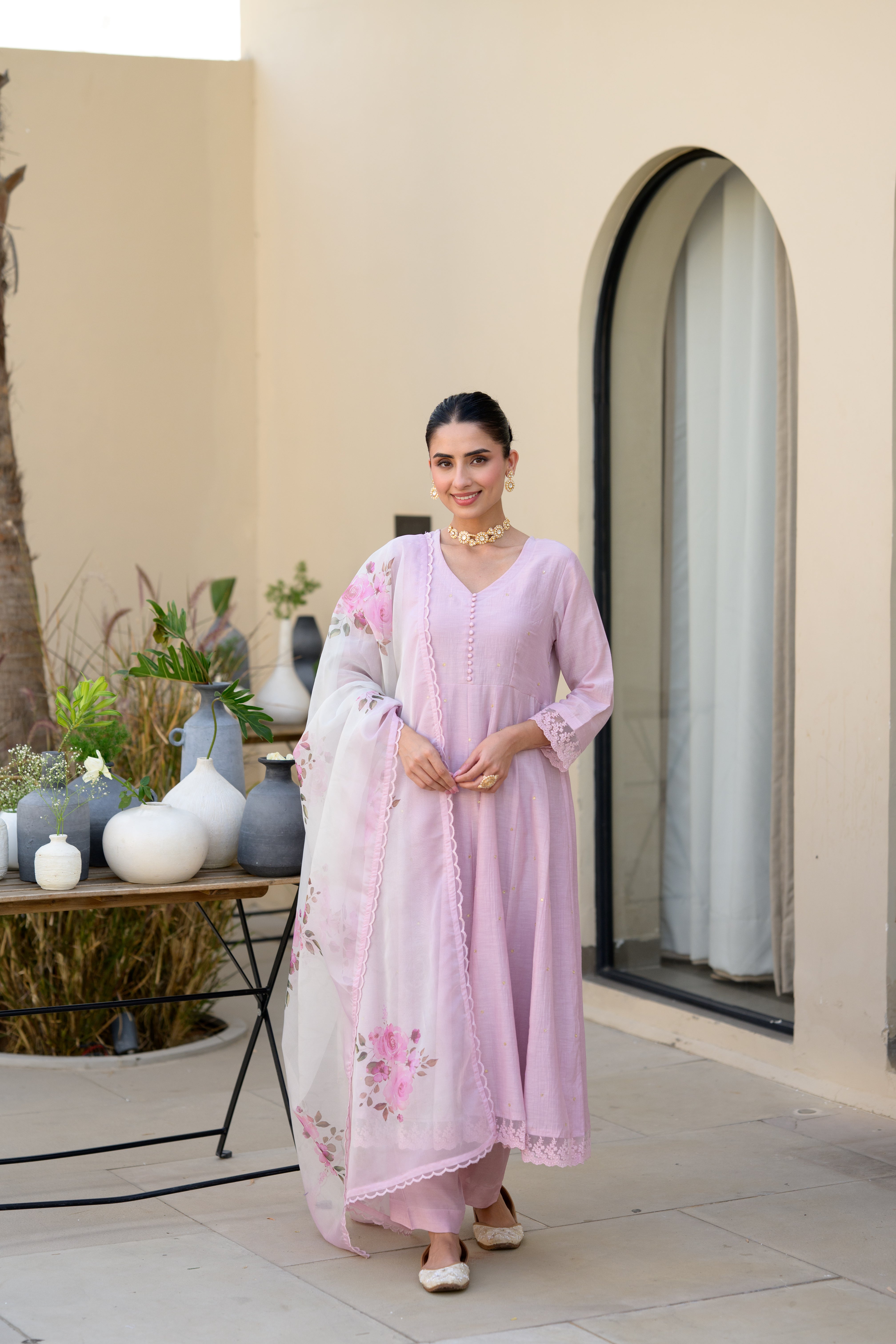 Lavender Mul Chanderi Anarkali Suit Set with Organza Floral Duppata with Scallope Border and Lace