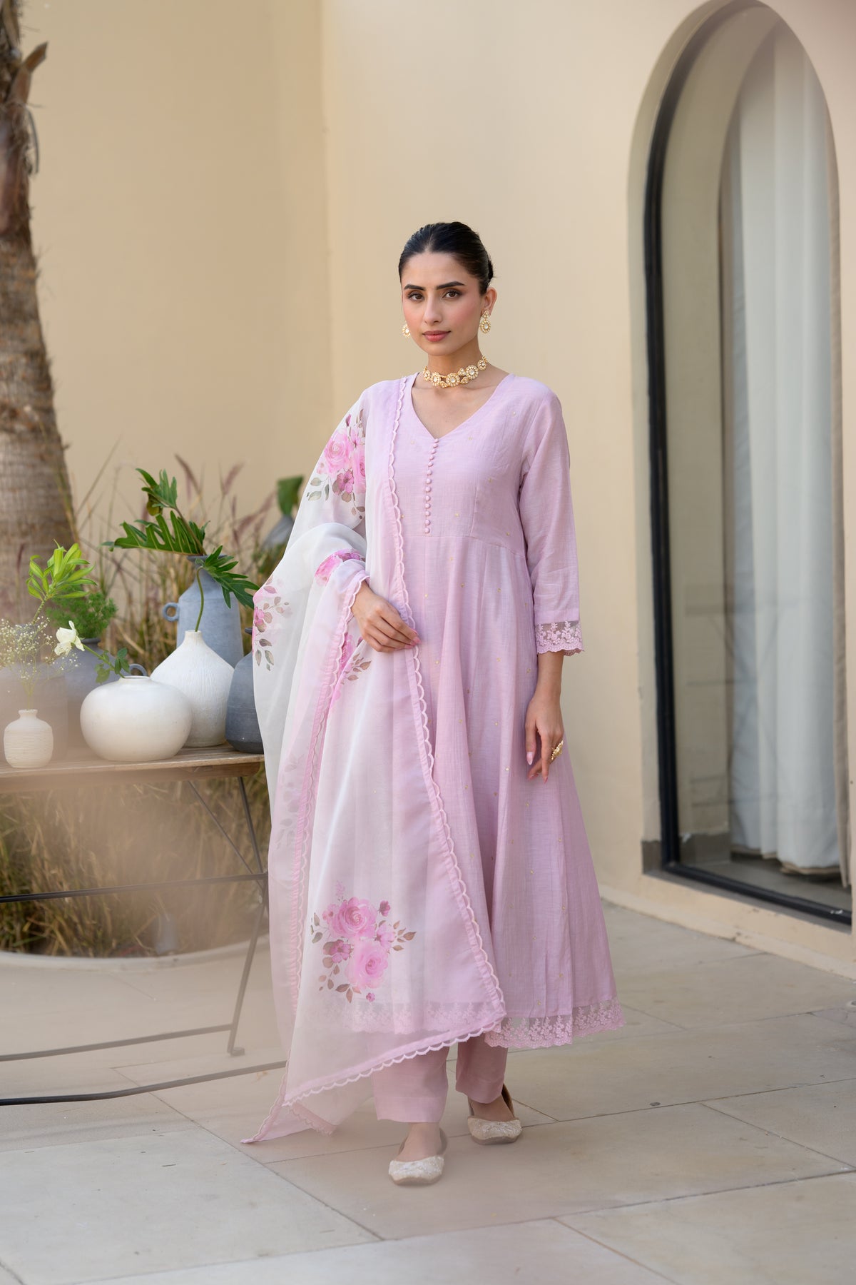 Lavender Mul Chanderi Anarkali Suit Set with Organza Floral Duppata with Scallope Border and Lace