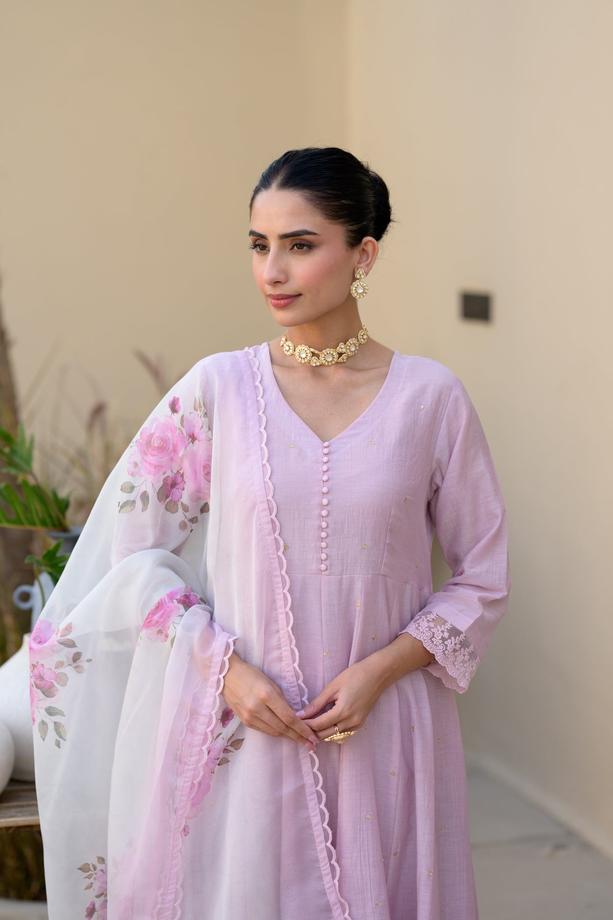 Lavender Mul Chanderi Anarkali Suit Set with Organza Floral Duppata with Scallope Border and Lace