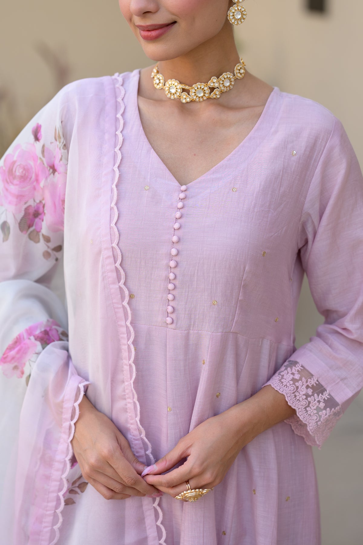 Lavender Mul Chanderi Anarkali Suit Set with Organza Floral Duppata with Scallope Border and Lace