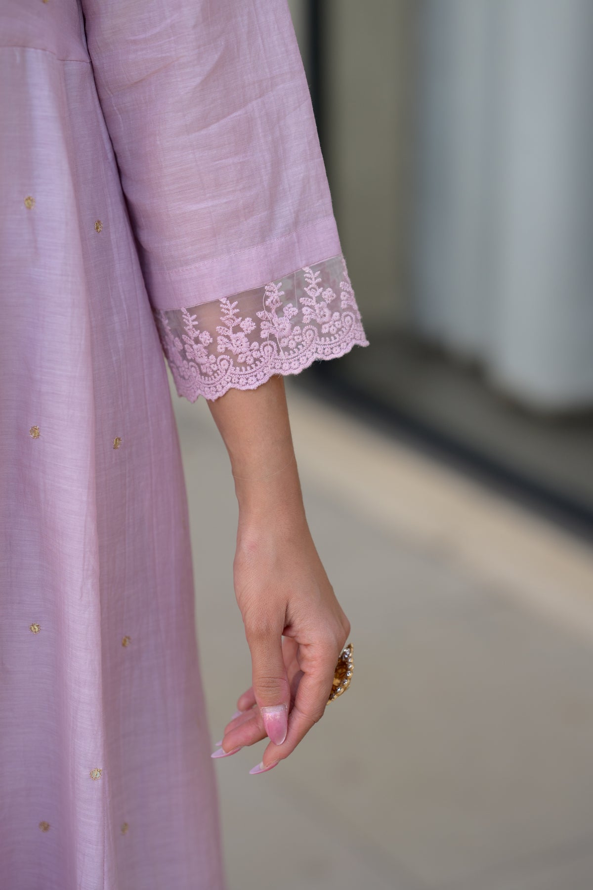 Lavender Mul Chanderi Anarkali Suit Set with Organza Floral Duppata with Scallope Border and Lace