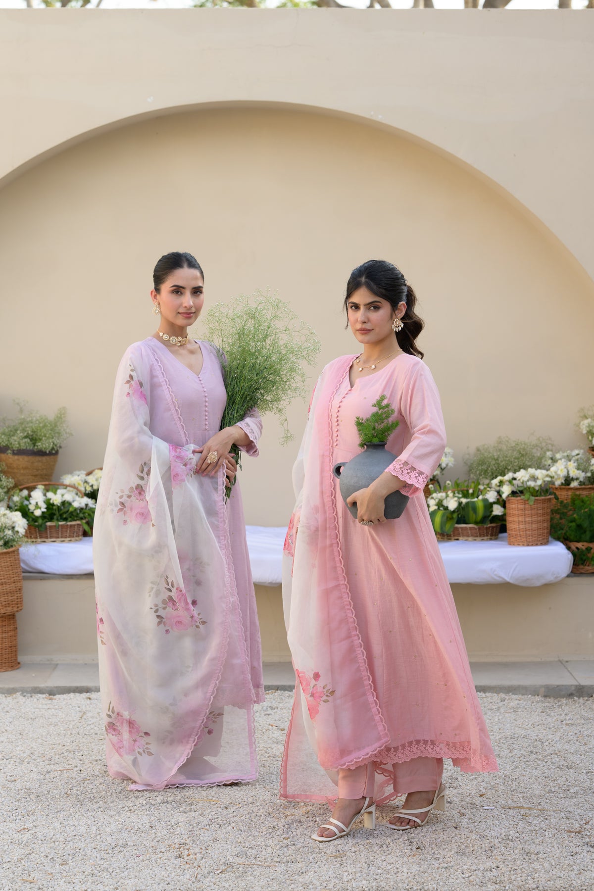 Blush Pink Mul Chanderi Anarkali Suit Set with Organza Floral Duppata with Scallope Border and Lace