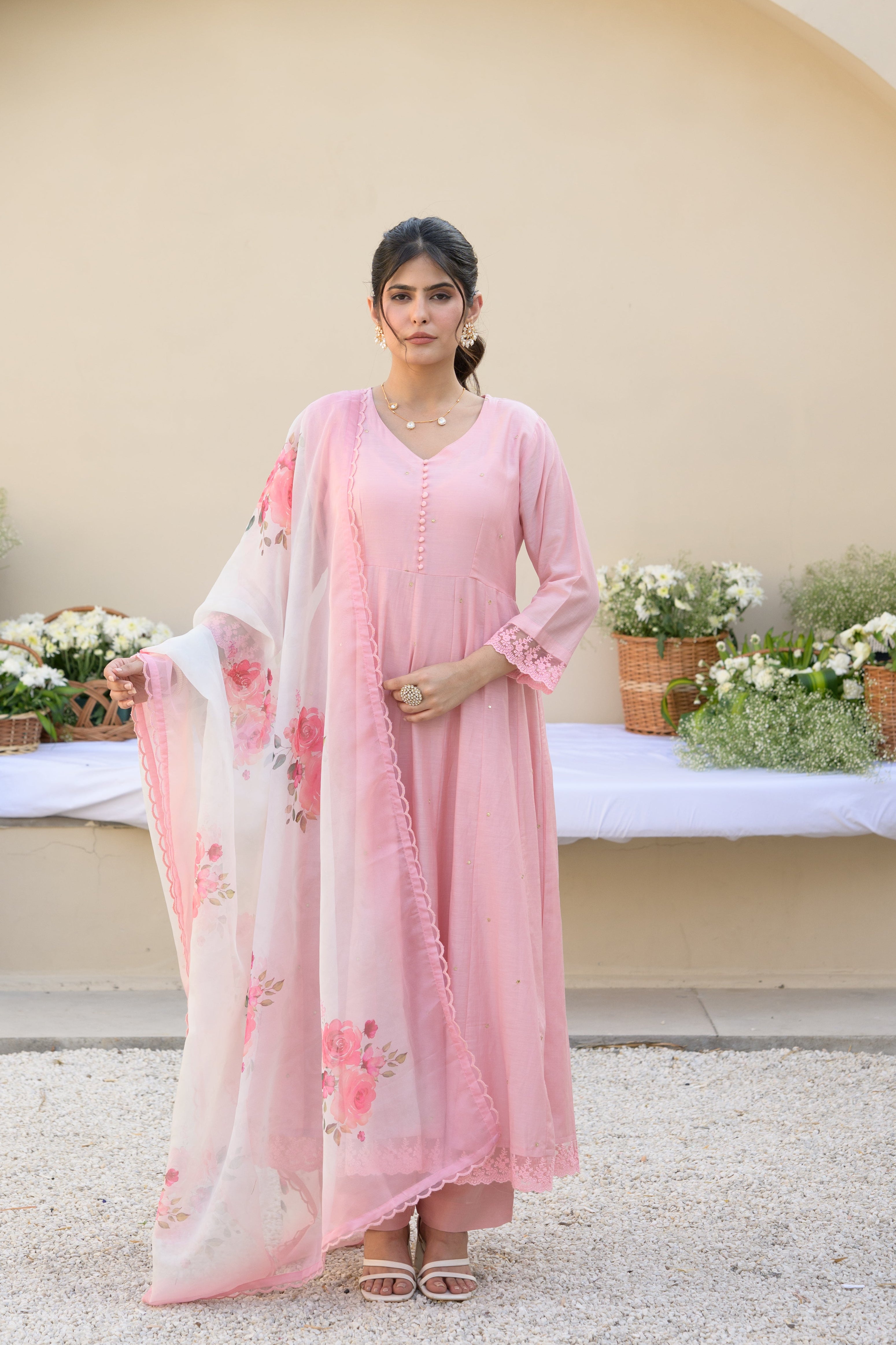 Blush Pink Mul Chanderi Anarkali Suit Set with Organza Floral Duppata with Scallope Border and Lace