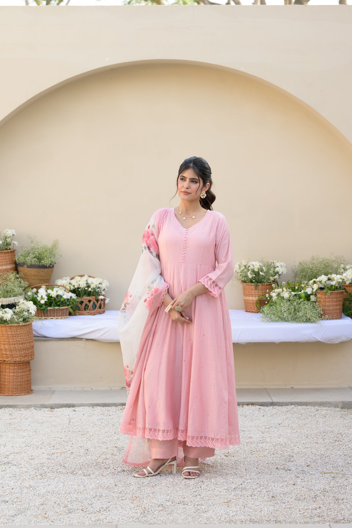 Blush Pink Mul Chanderi Anarkali Suit Set with Organza Floral Duppata with Scallope Border and Lace