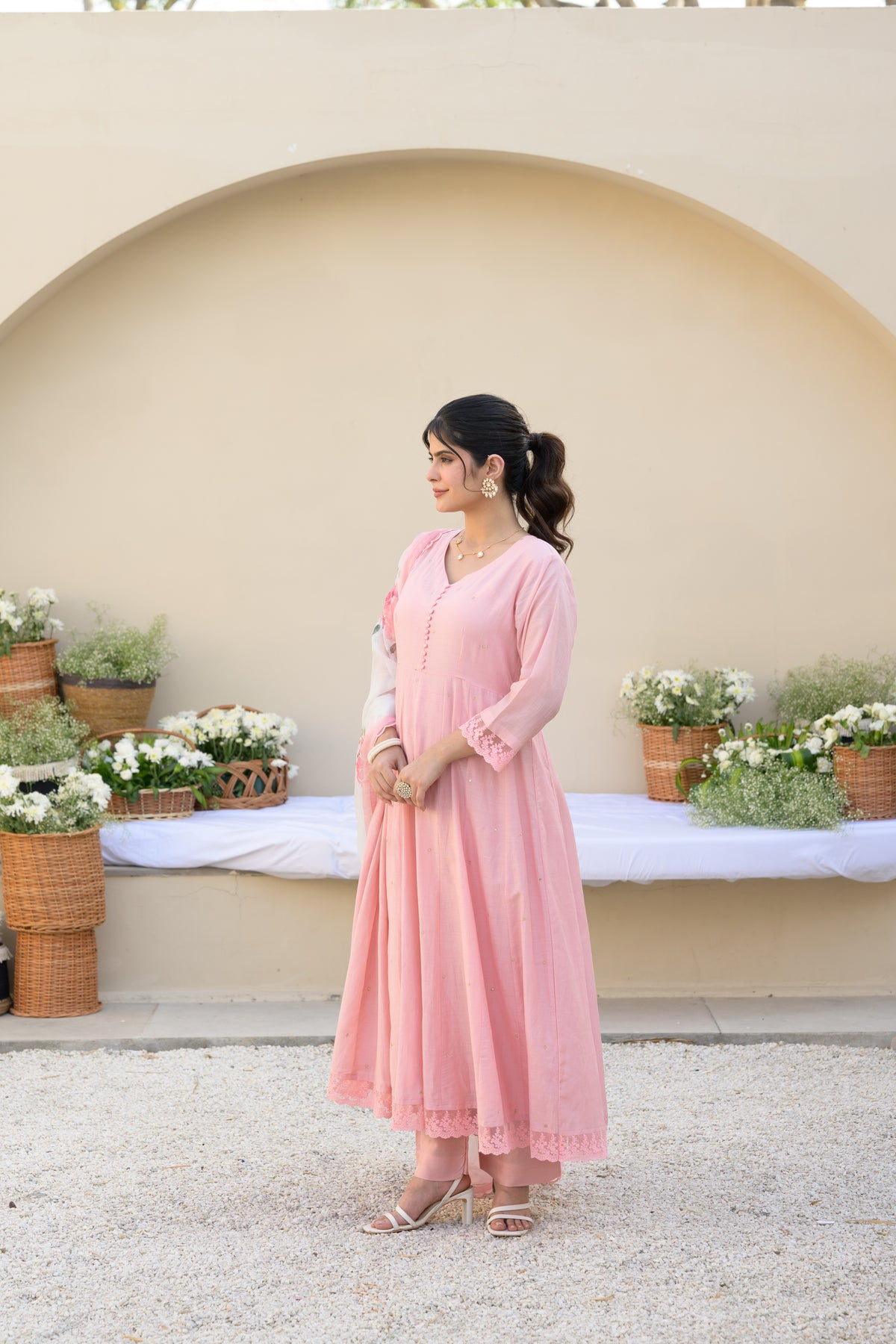 Blush Pink Mul Chanderi Anarkali Suit Set with Organza Floral Duppata with Scallope Border and Lace