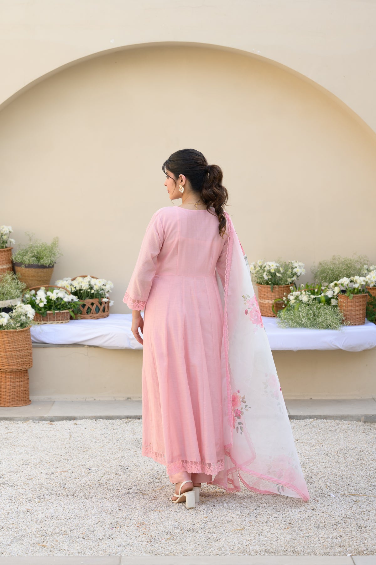 Blush Pink Mul Chanderi Anarkali Suit Set with Organza Floral Duppata with Scallope Border and Lace