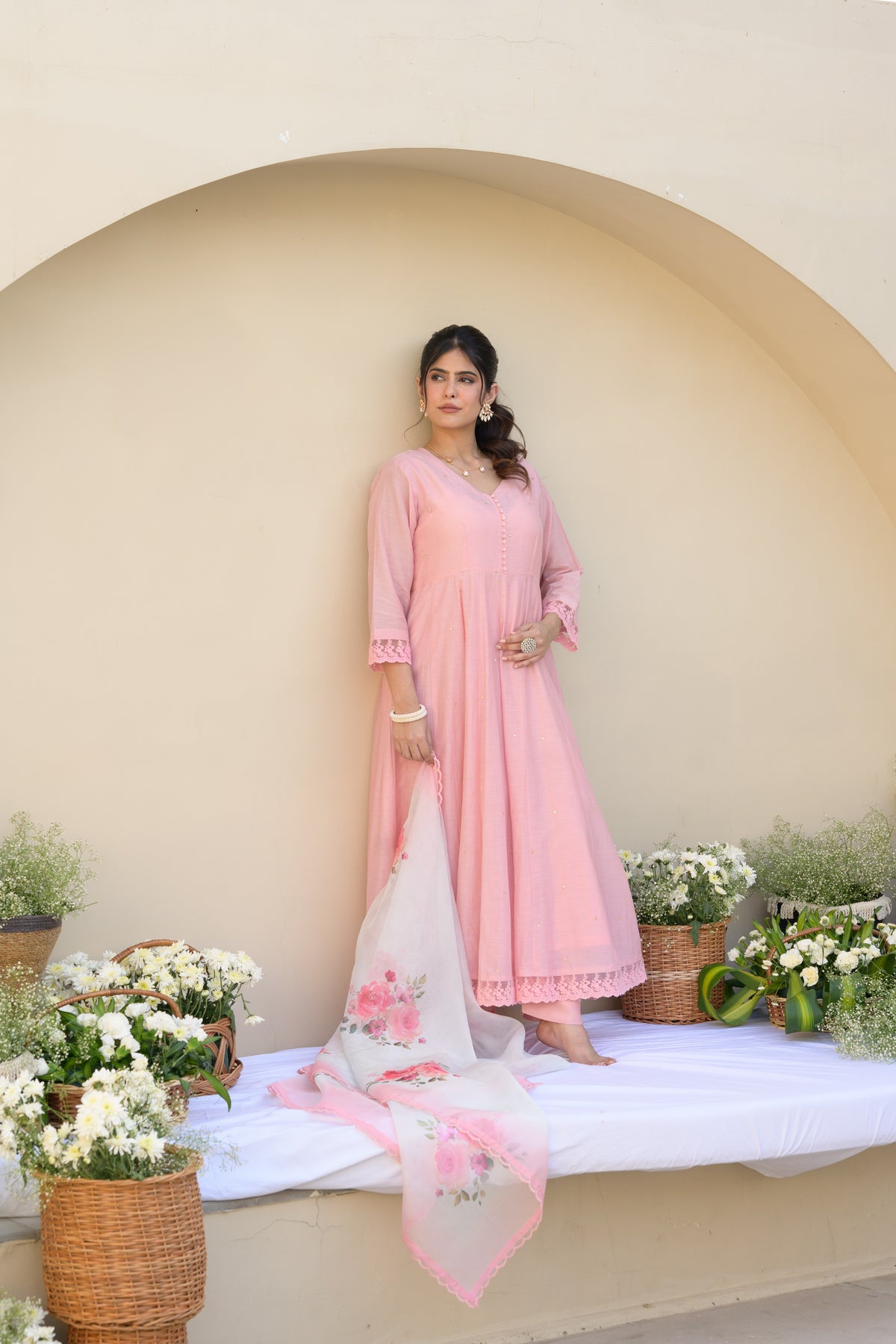 Blush Pink Mul Chanderi Anarkali Suit Set with Organza Floral Duppata with Scallope Border and Lace