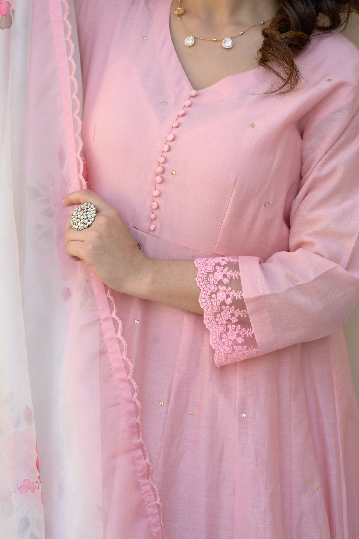Blush Pink Mul Chanderi Anarkali Suit Set with Organza Floral Duppata with Scallope Border and Lace
