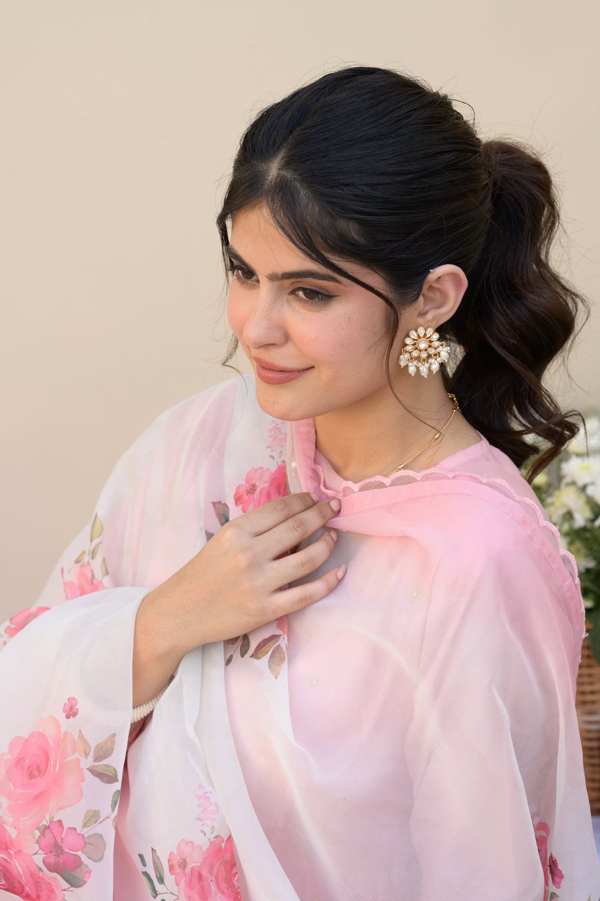 Blush Pink Mul Chanderi Anarkali Suit Set with Organza Floral Duppata with Scallope Border and Lace
