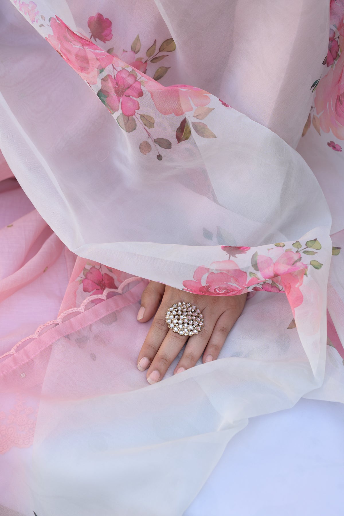 Blush Pink Mul Chanderi Anarkali Suit Set with Organza Floral Duppata with Scallope Border and Lace