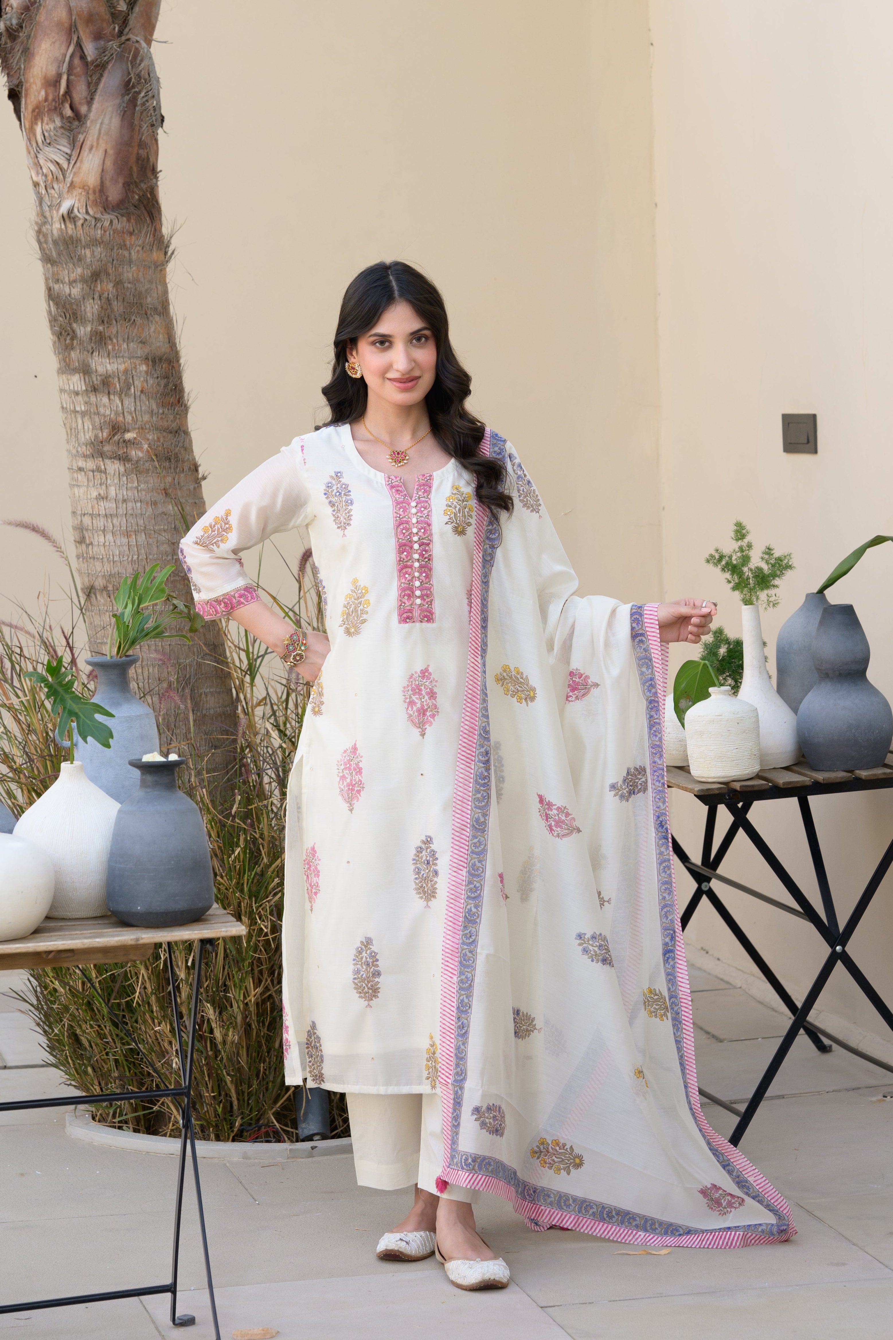 Off White Multi Coloured Hand Block Print with spread Gota work Chanderi Suit Set