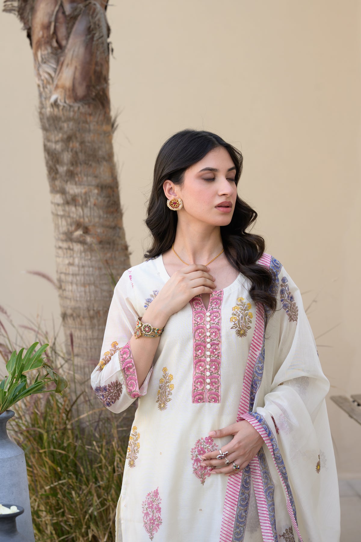 Off White Multi Coloured Hand Block Print with spread Gota work Chanderi Suit Set