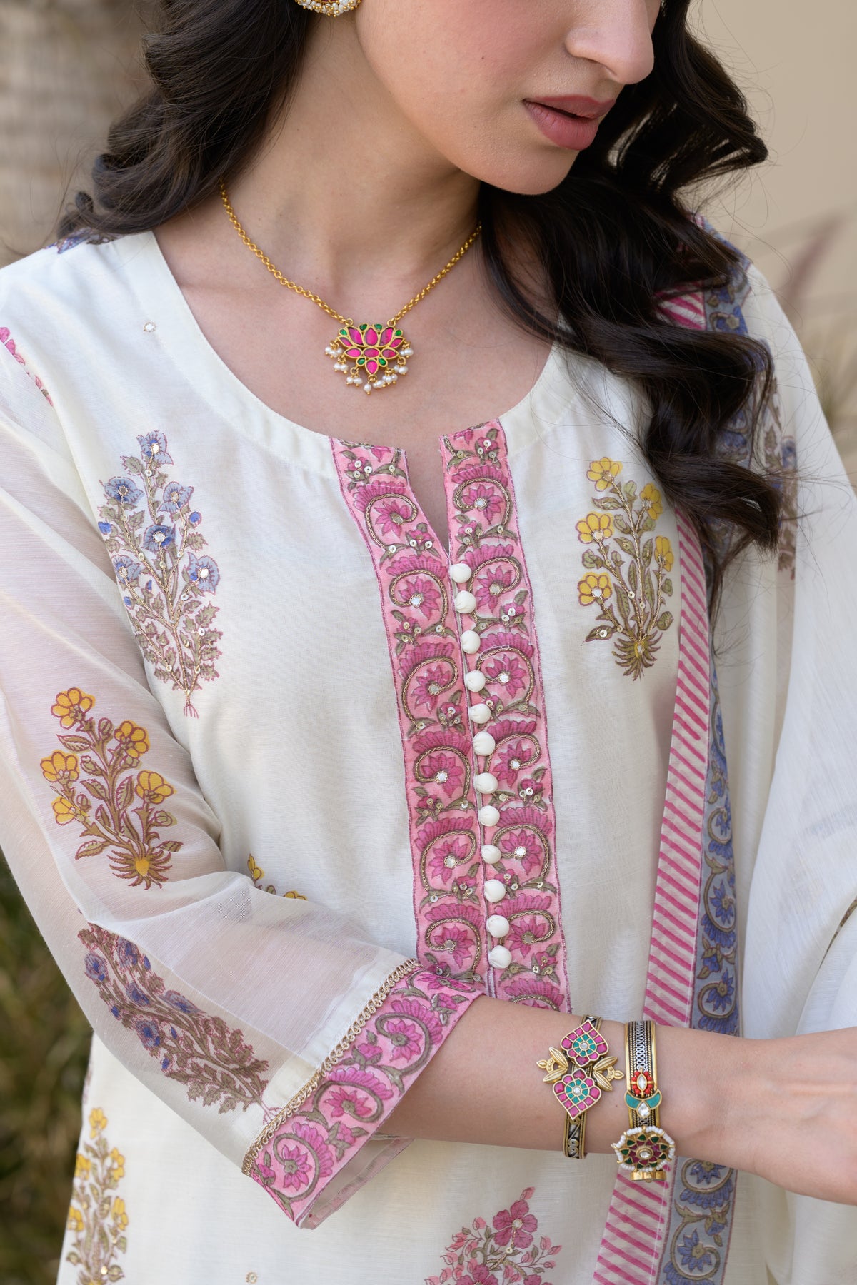 Off White Multi Coloured Hand Block Print with spread Gota work Chanderi Suit Set