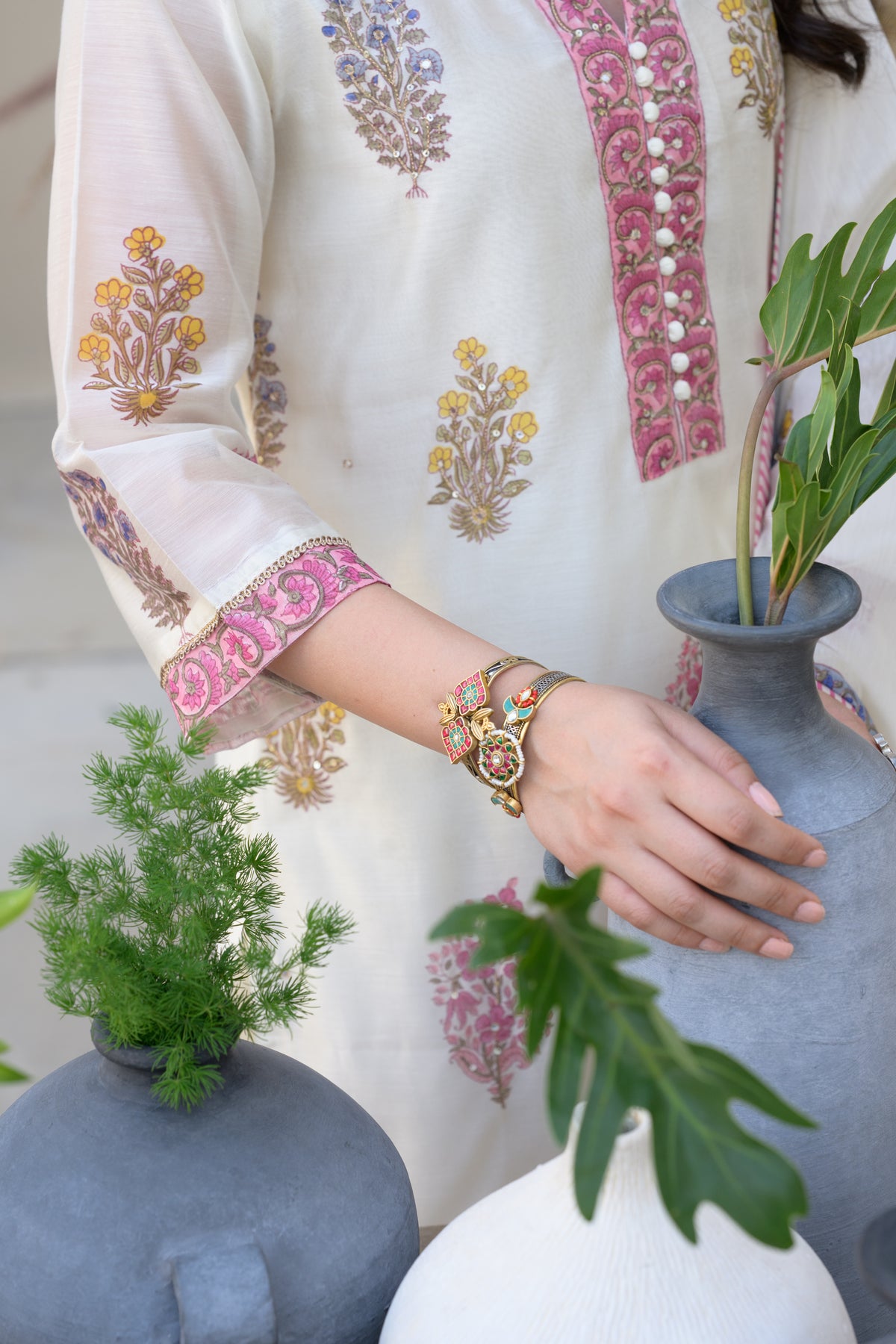 Off White Multi Coloured Hand Block Print with spread Gota work Chanderi Suit Set