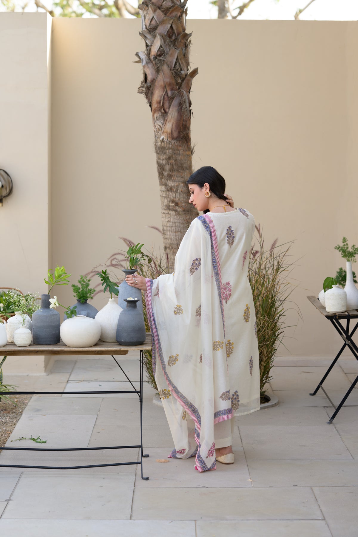 Off White Multi Coloured Hand Block Print with spread Gota work Chanderi Suit Set
