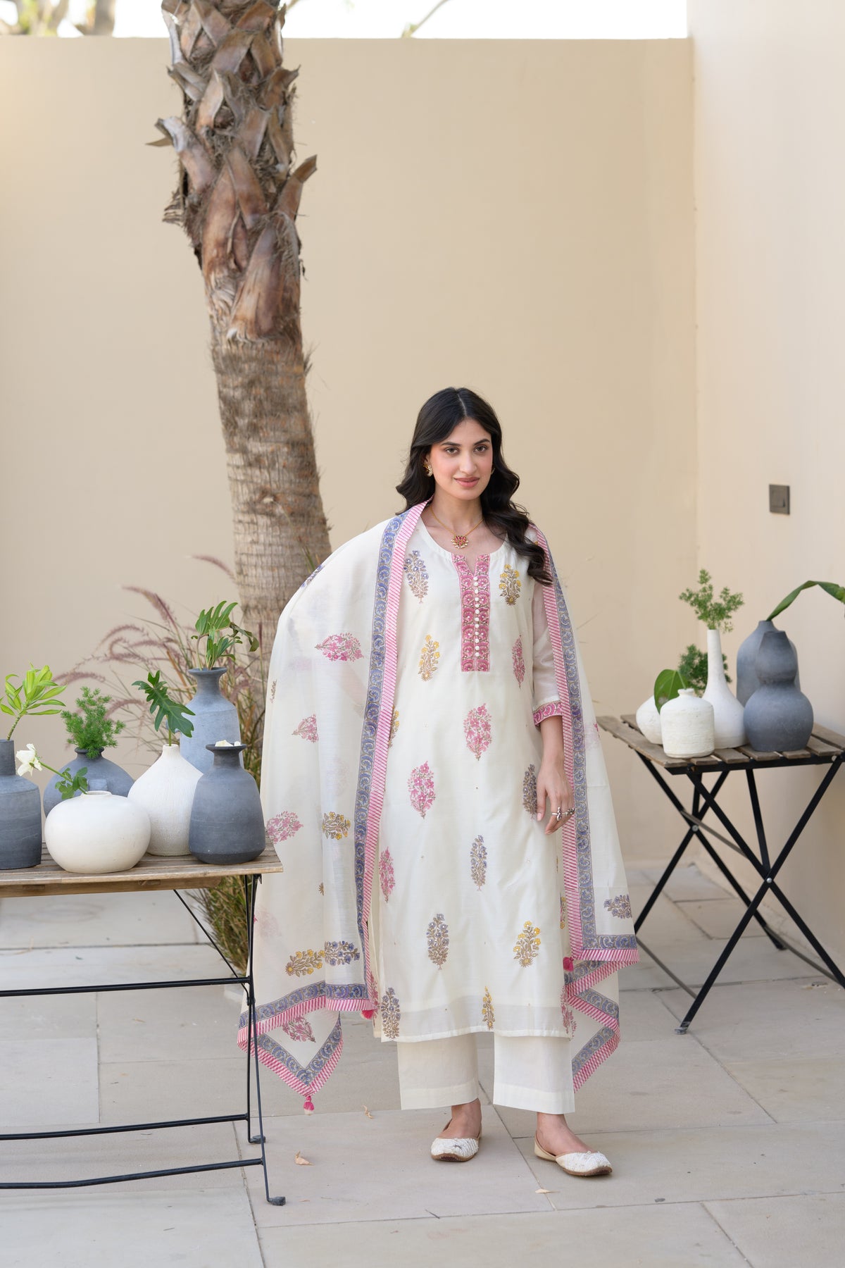 Off White Multi Coloured Hand Block Print with spread Gota work Chanderi Suit Set