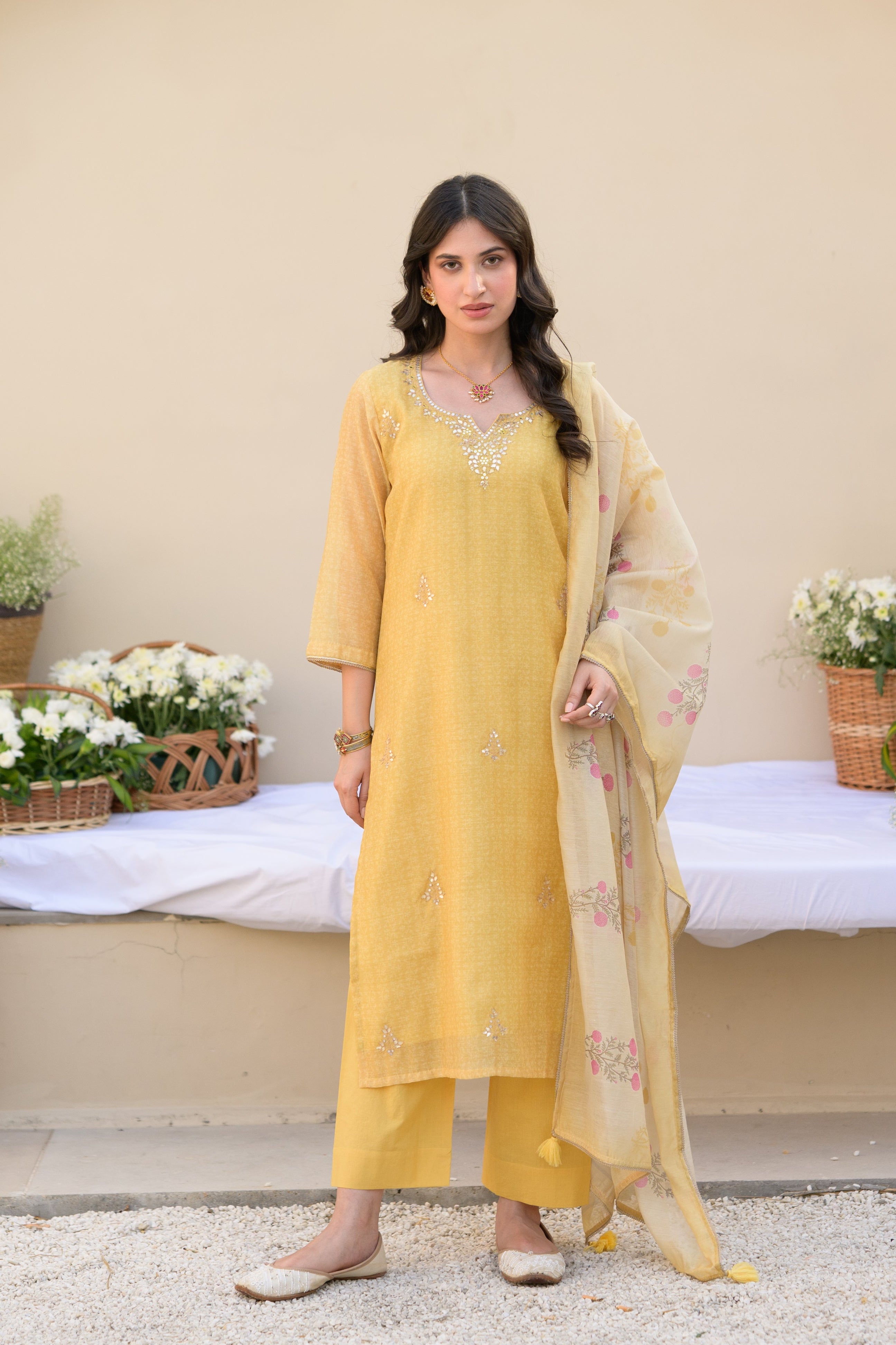 Canary Yellow Gota Work on Neck with Spread Kurta Work Chanderi Suit Set