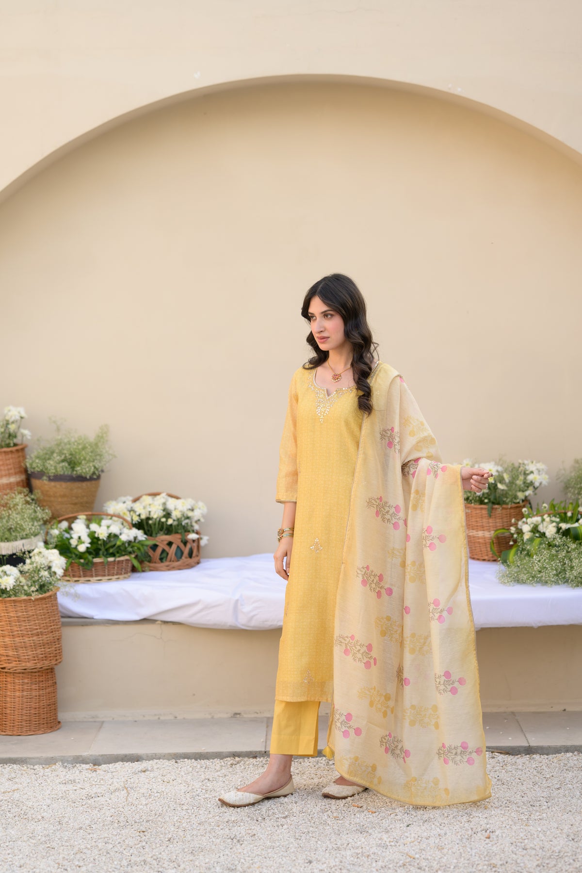 Canary Yellow Gota Work on Neck with Spread Kurta Work Chanderi Suit Set