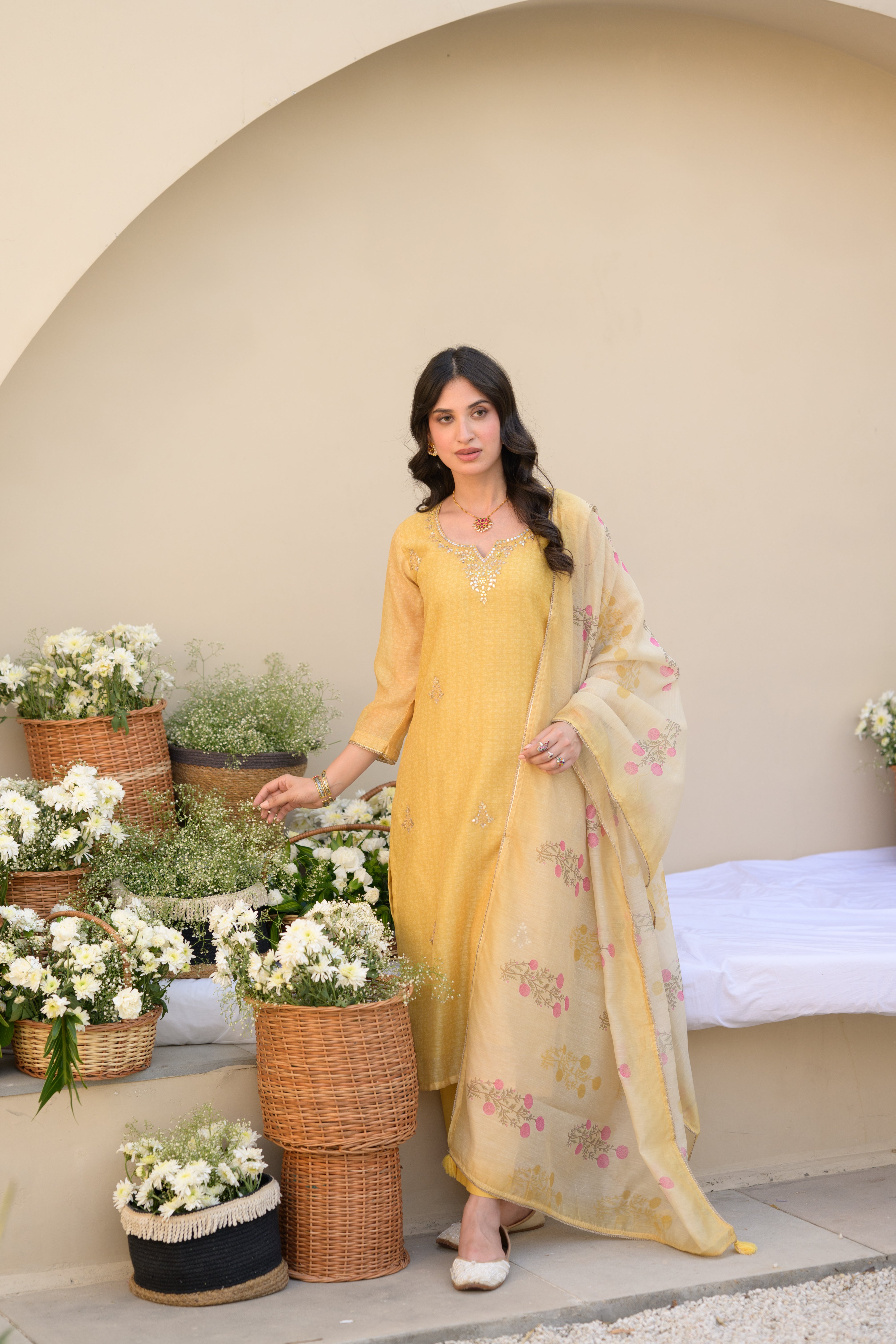 Canary Yellow Gota Work on Neck with Spread Kurta Work Chanderi Suit Set