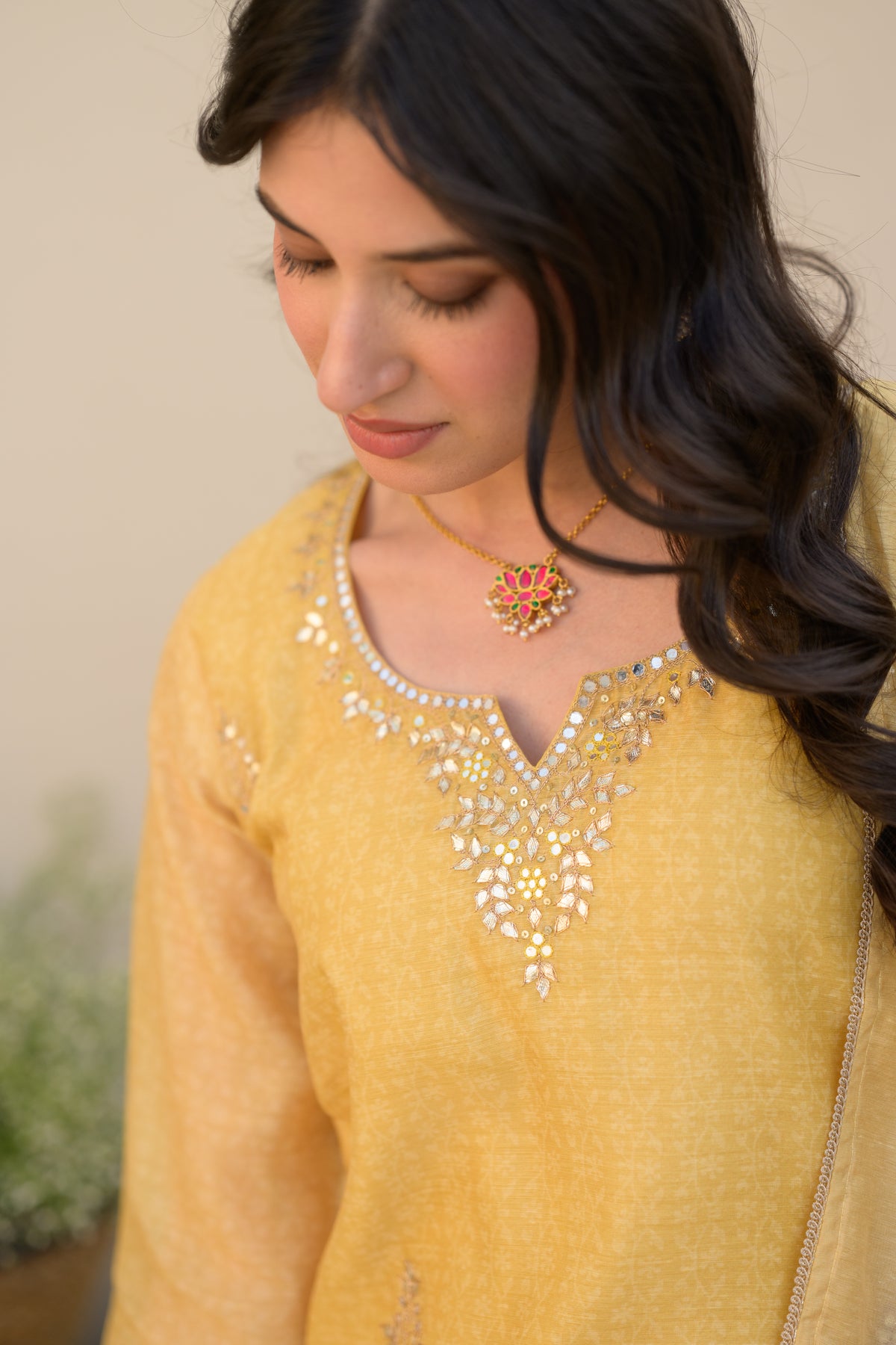 Canary Yellow Gota Work on Neck with Spread Kurta Work Chanderi Suit Set