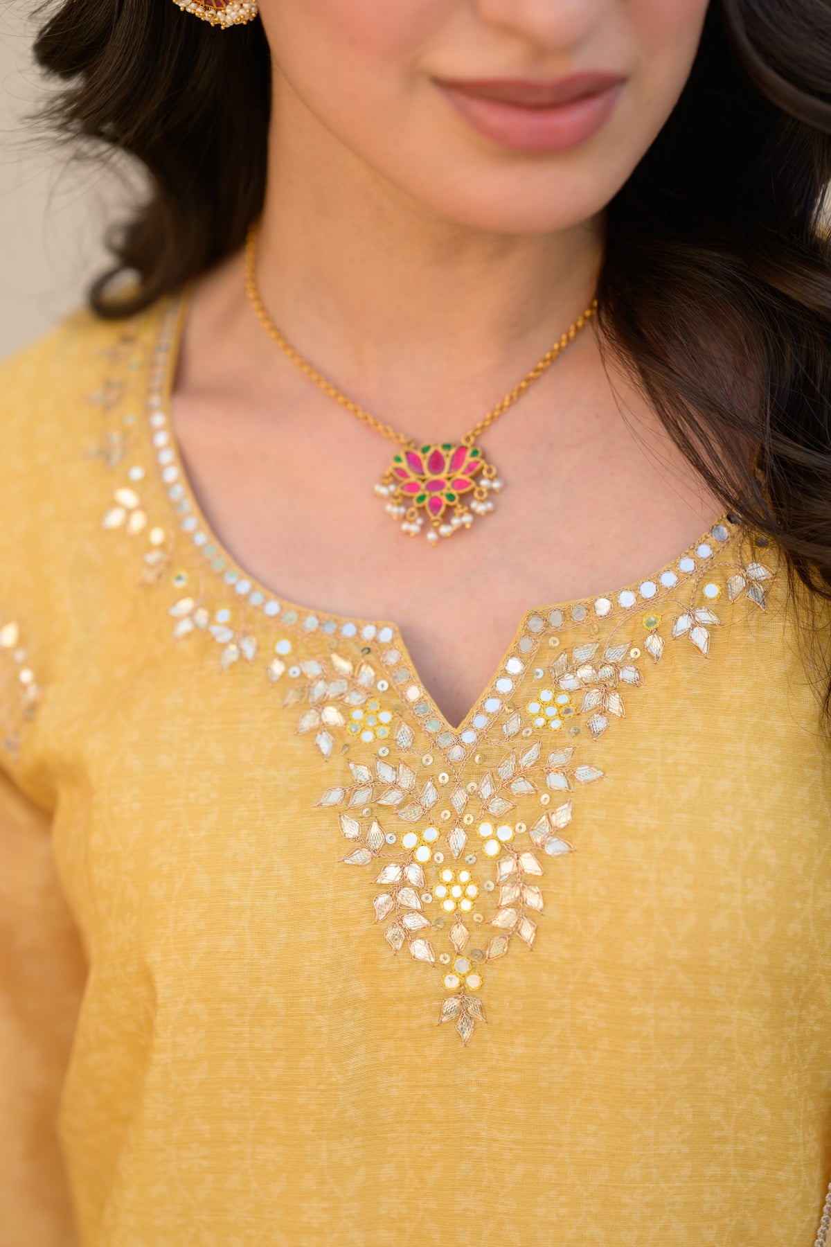 Canary Yellow Gota Work on Neck with Spread Kurta Work Chanderi Suit Set