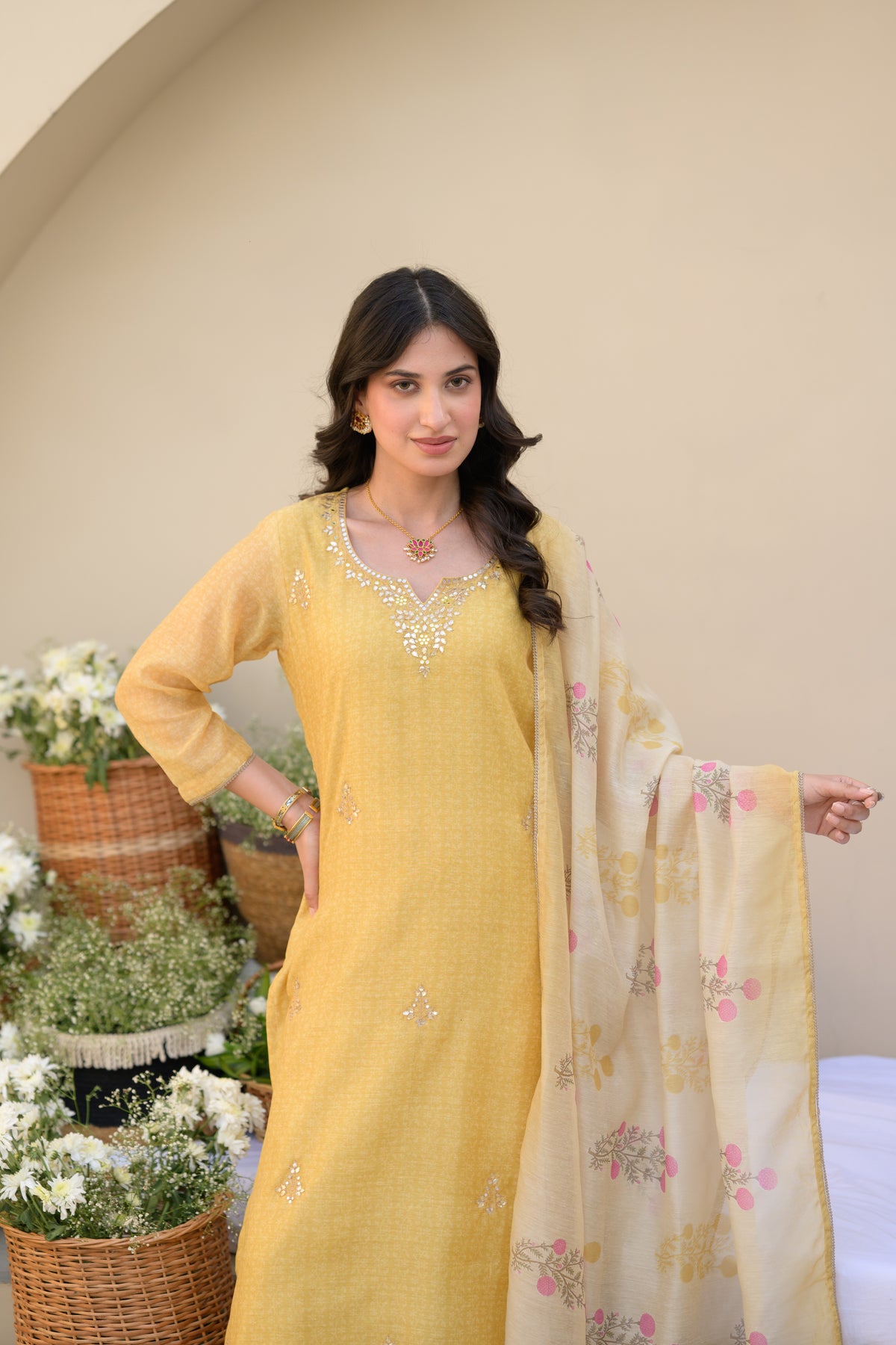 Canary Yellow Gota Work on Neck with Spread Kurta Work Chanderi Suit Set