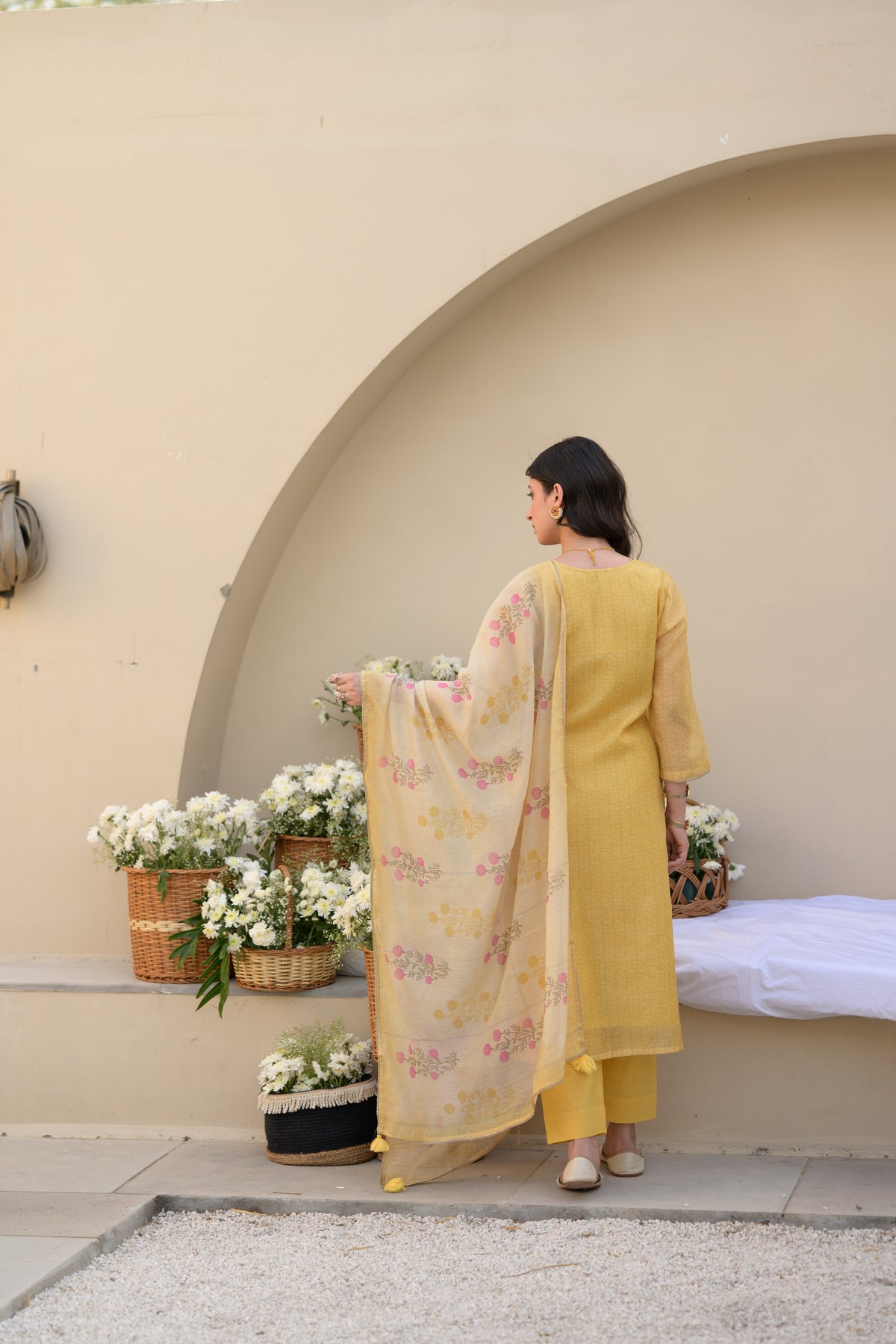 Canary Yellow Gota Work on Neck with Spread Kurta Work Chanderi Suit Set