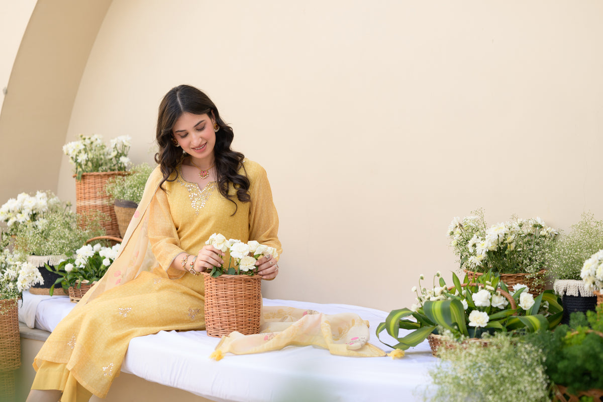 Canary Yellow Gota Work on Neck with Spread Kurta Work Chanderi Suit Set