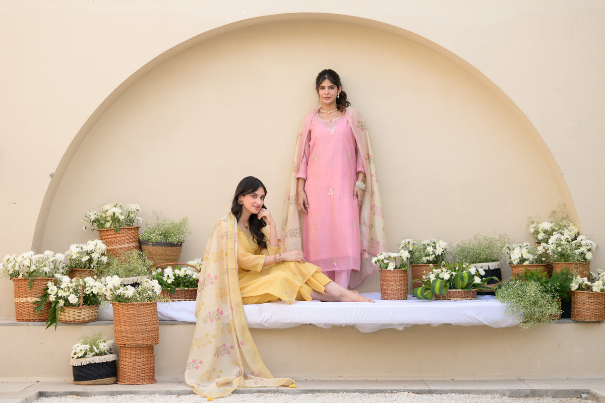 Carnation Pink Gota Work on Neck with Spread Kurta Work Chanderi Suit Set