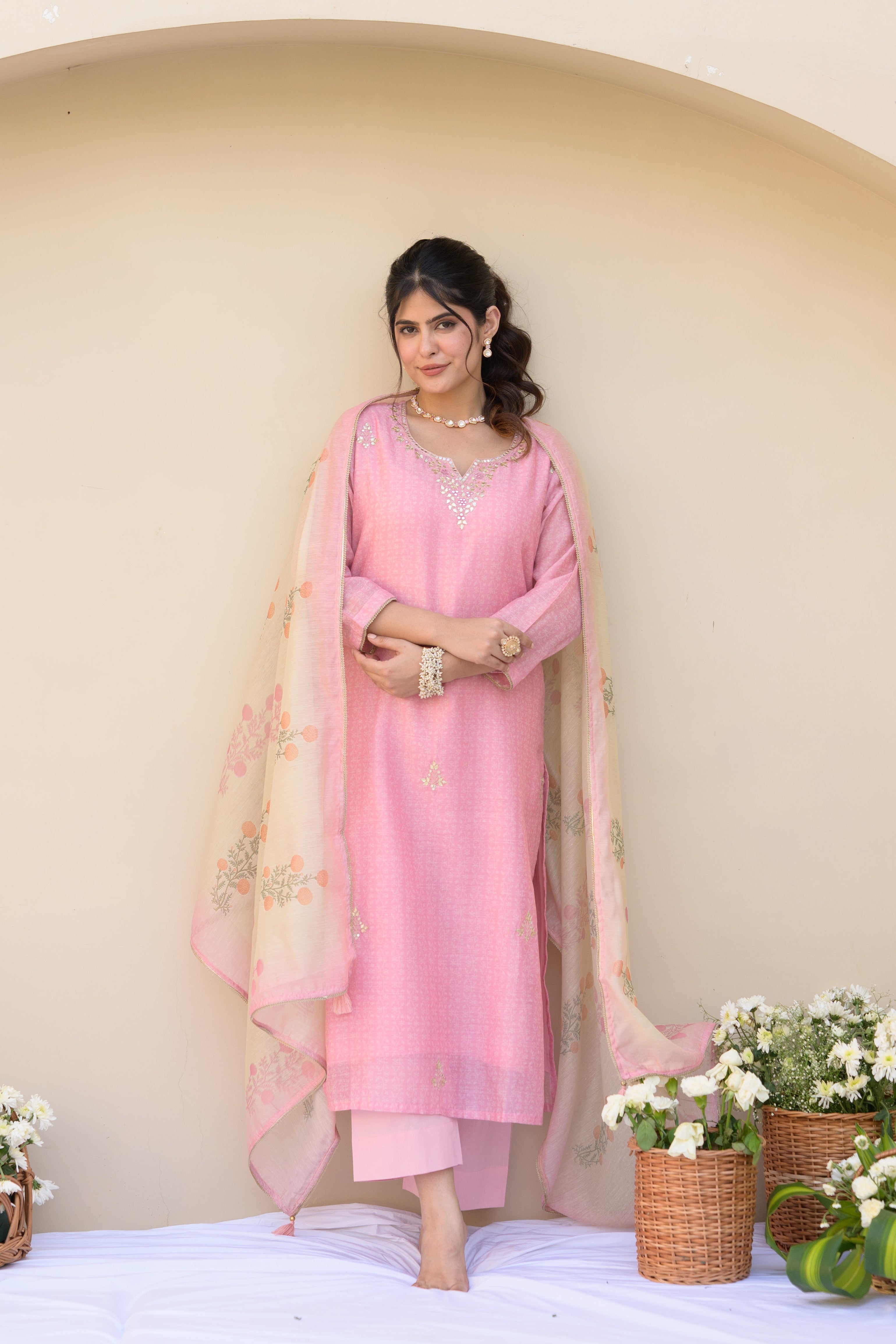 Carnation Pink Gota Work on Neck with Spread Kurta Work Chanderi Suit Set