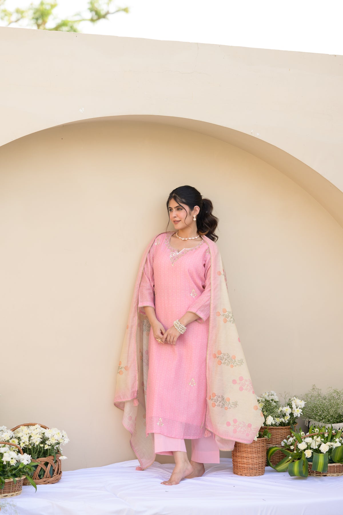 Carnation Pink Gota Work on Neck with Spread Kurta Work Chanderi Suit Set