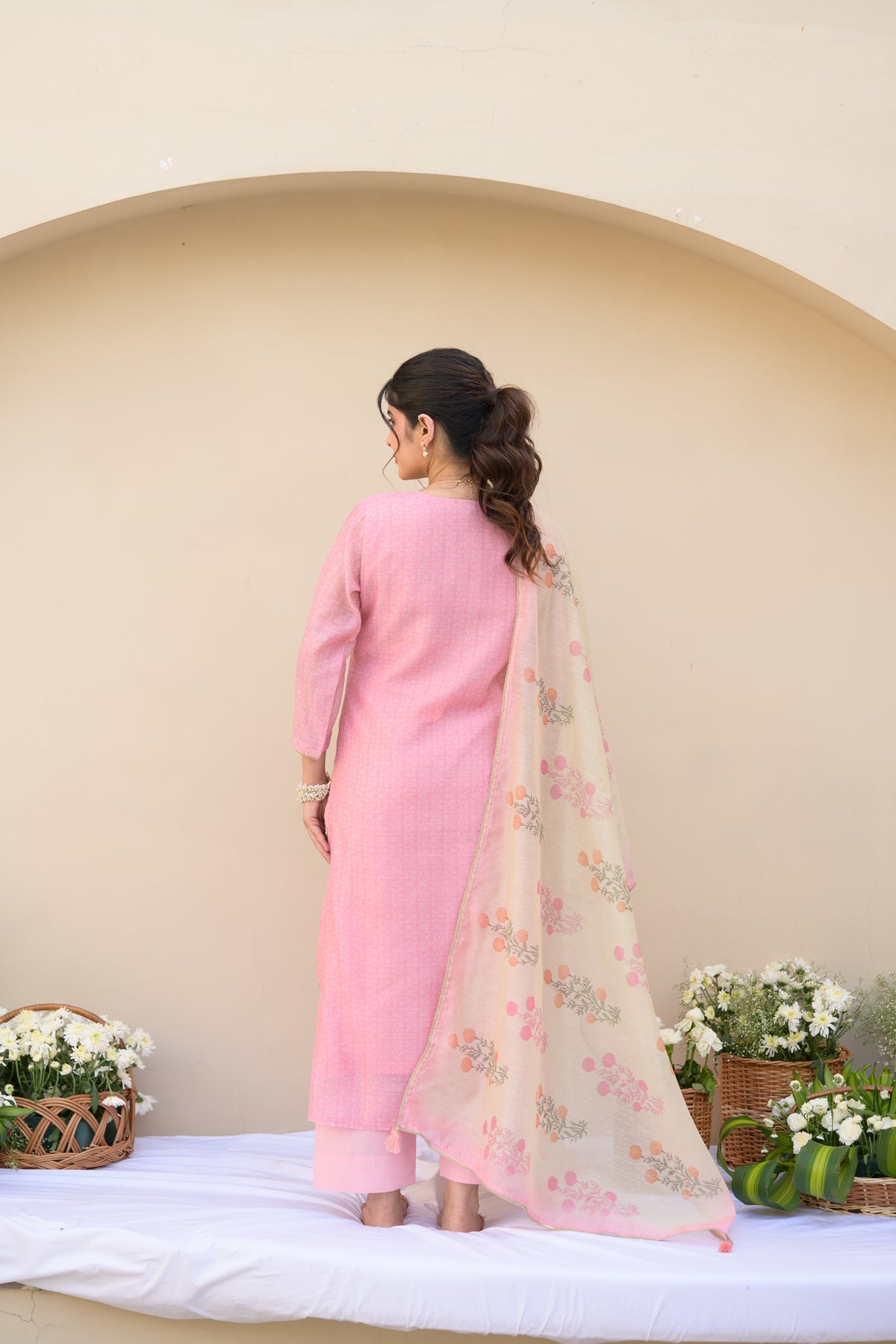 Carnation Pink Gota Work on Neck with Spread Kurta Work Chanderi Suit Set