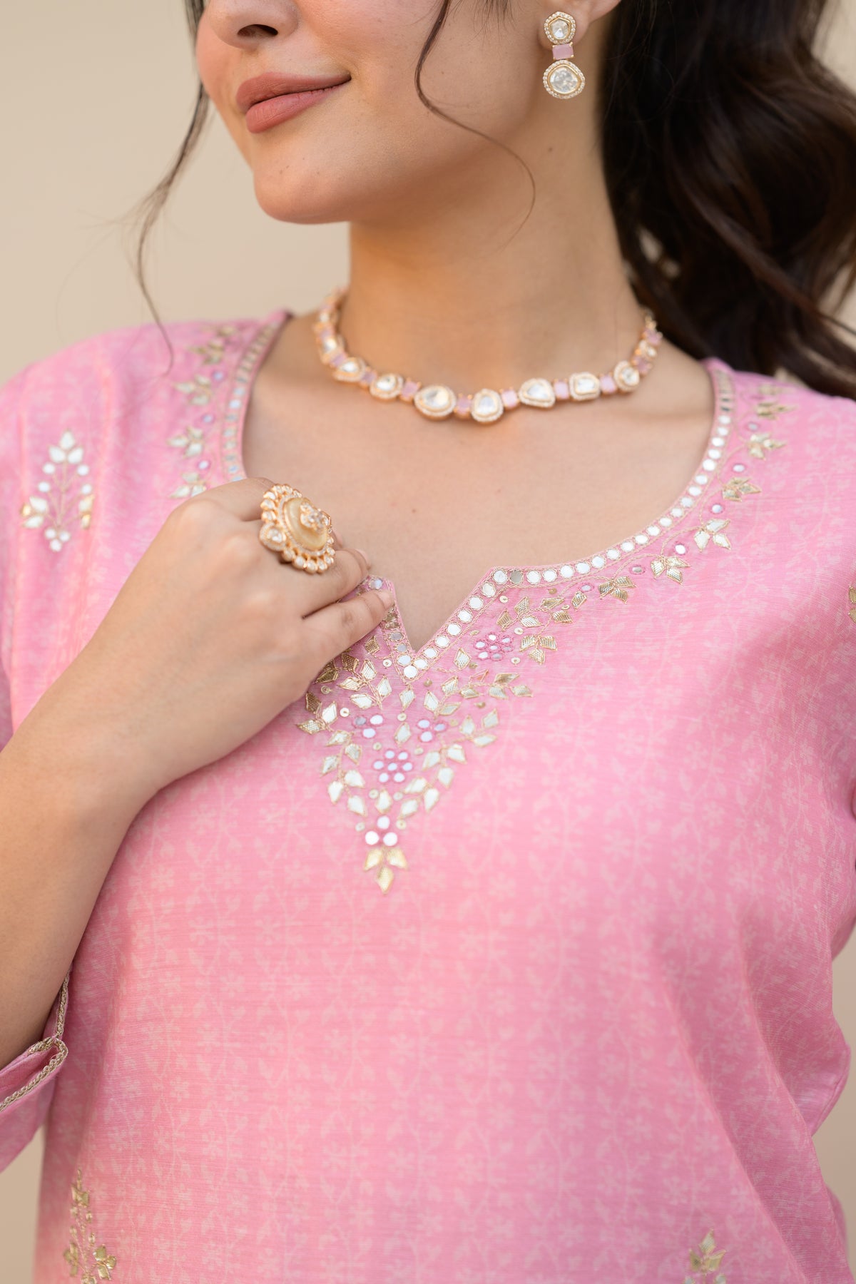 Carnation Pink Gota Work on Neck with Spread Kurta Work Chanderi Suit Set