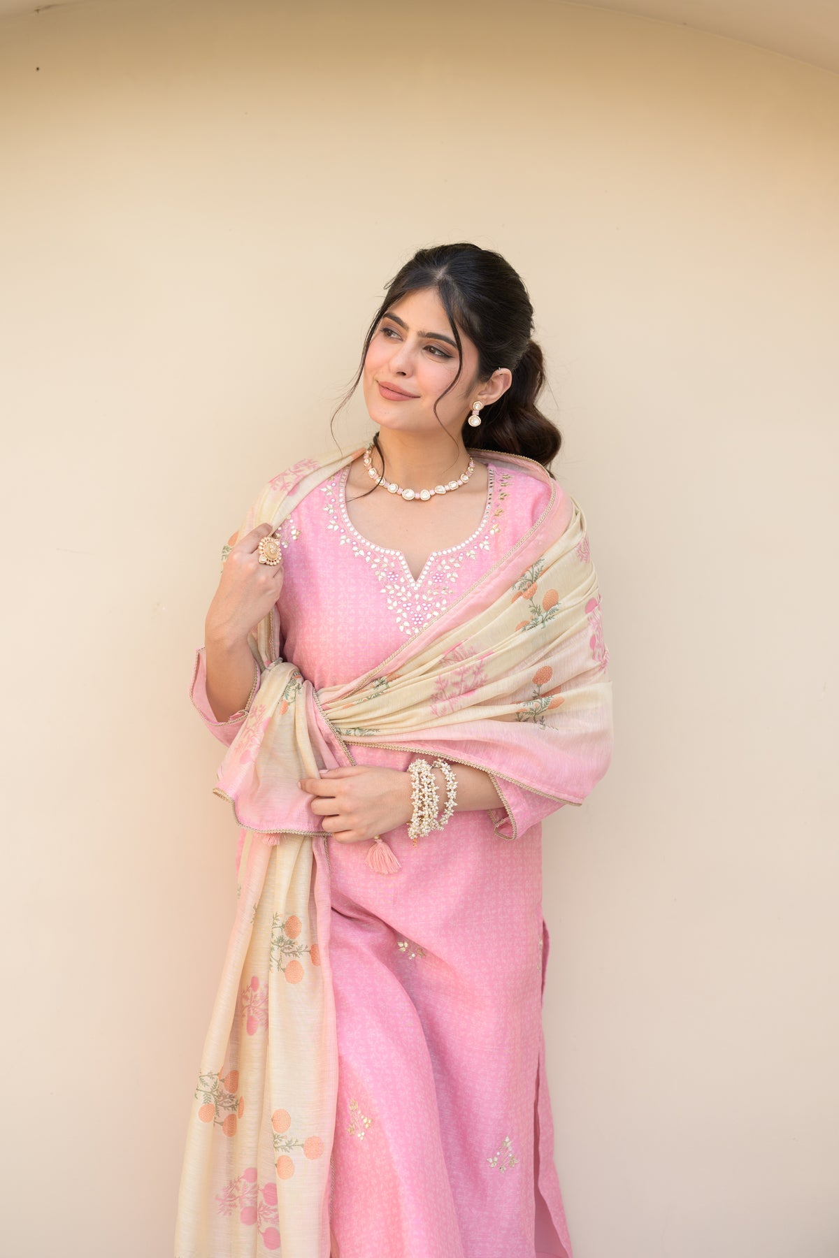 Carnation Pink Gota Work on Neck with Spread Kurta Work Chanderi Suit Set