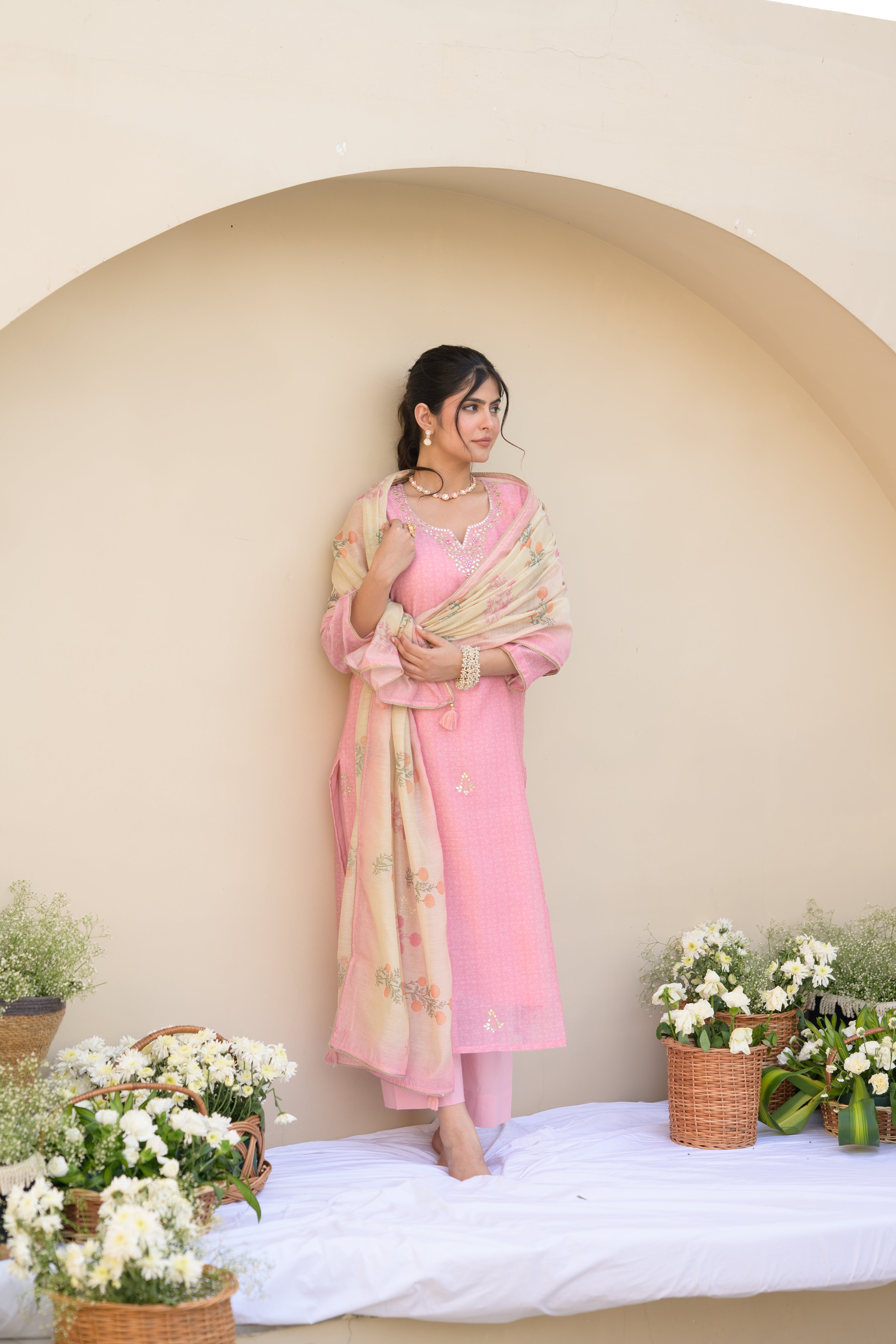 Carnation Pink Gota Work on Neck with Spread Kurta Work Chanderi Suit Set