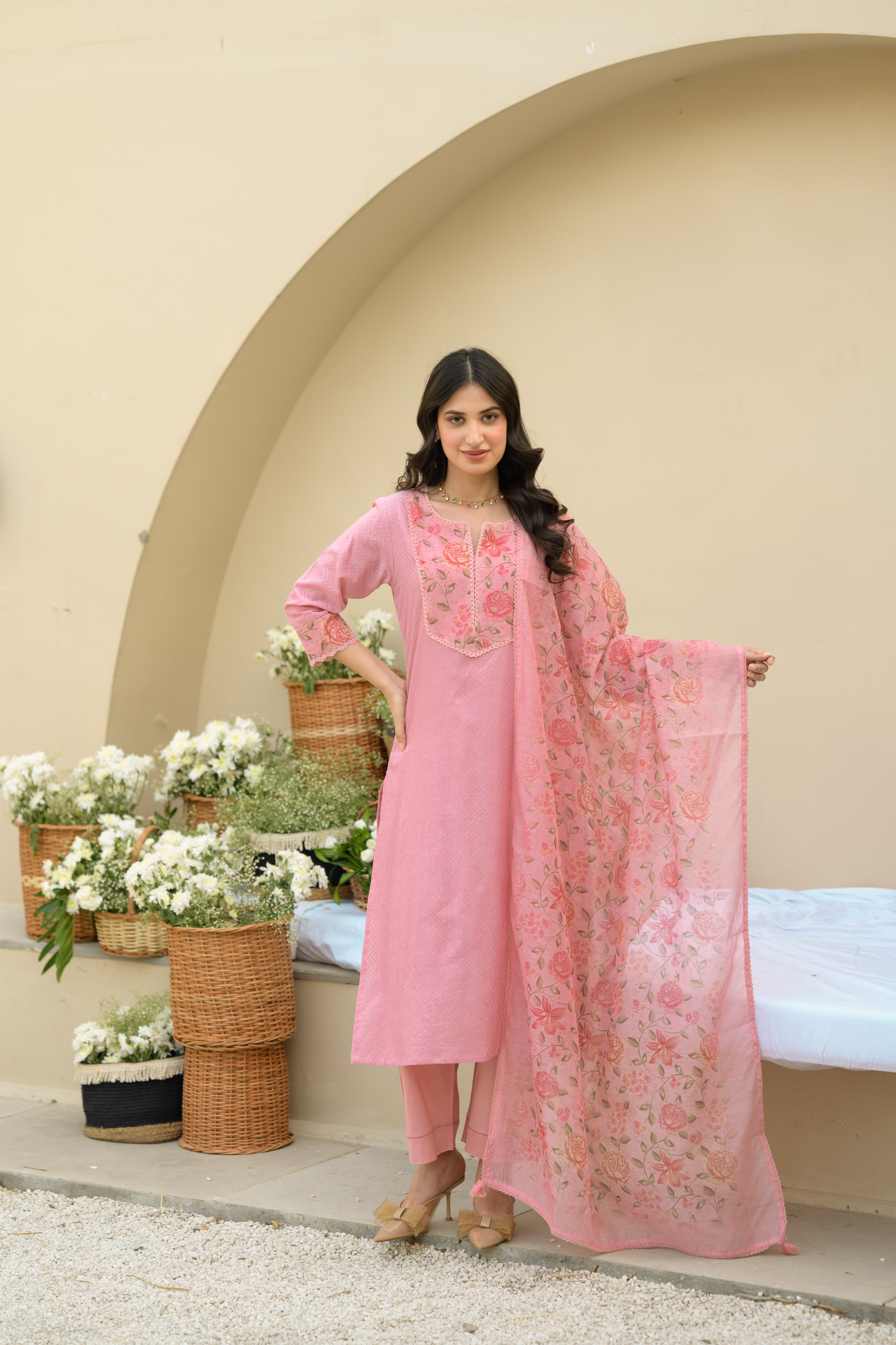 Baby Pink Dobby Cotton with Floral Chanderi Patch Print Kurta and Dupatta Suit Set