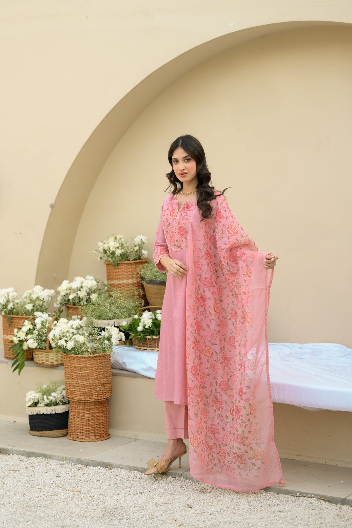 Baby Pink Dobby Cotton with Floral Chanderi Patch Print Kurta and Dupatta Suit Set