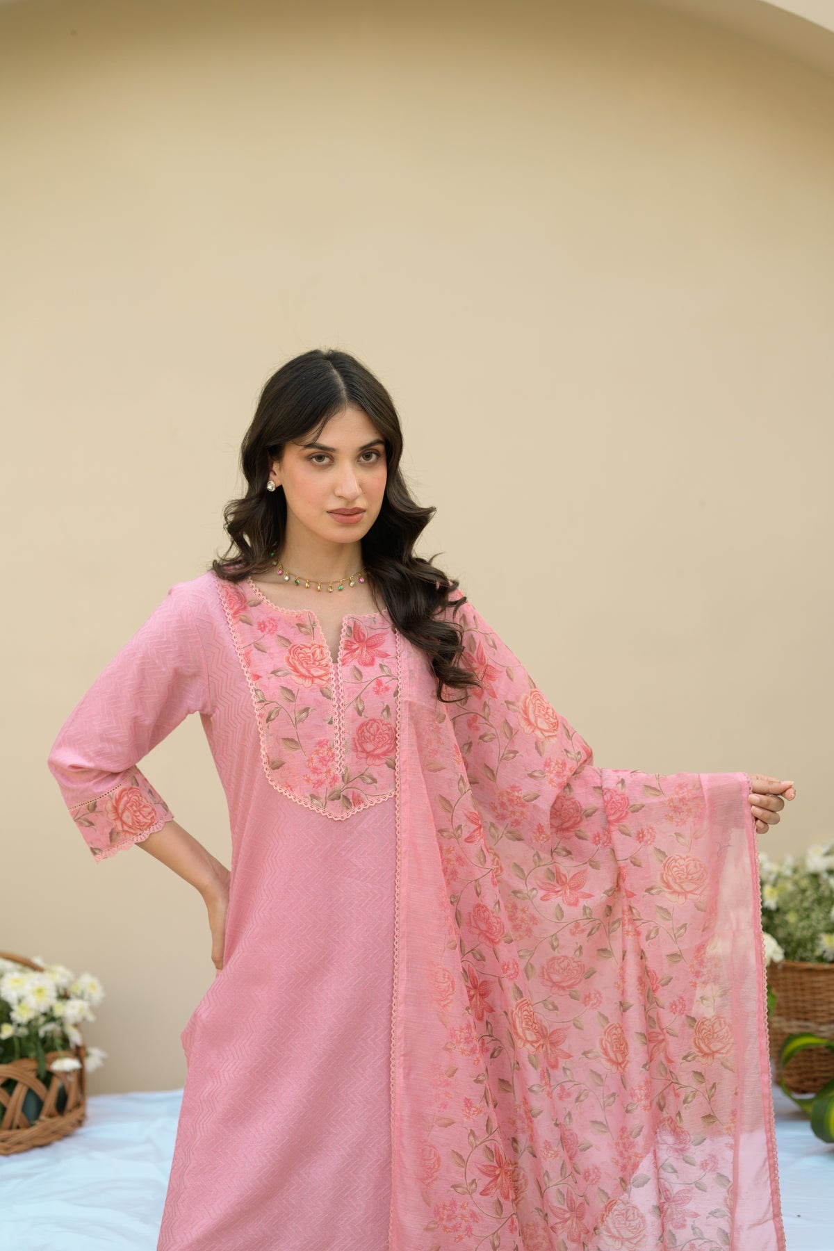 Baby Pink Dobby Cotton with Floral Chanderi Patch Print Kurta and Dupatta Suit Set