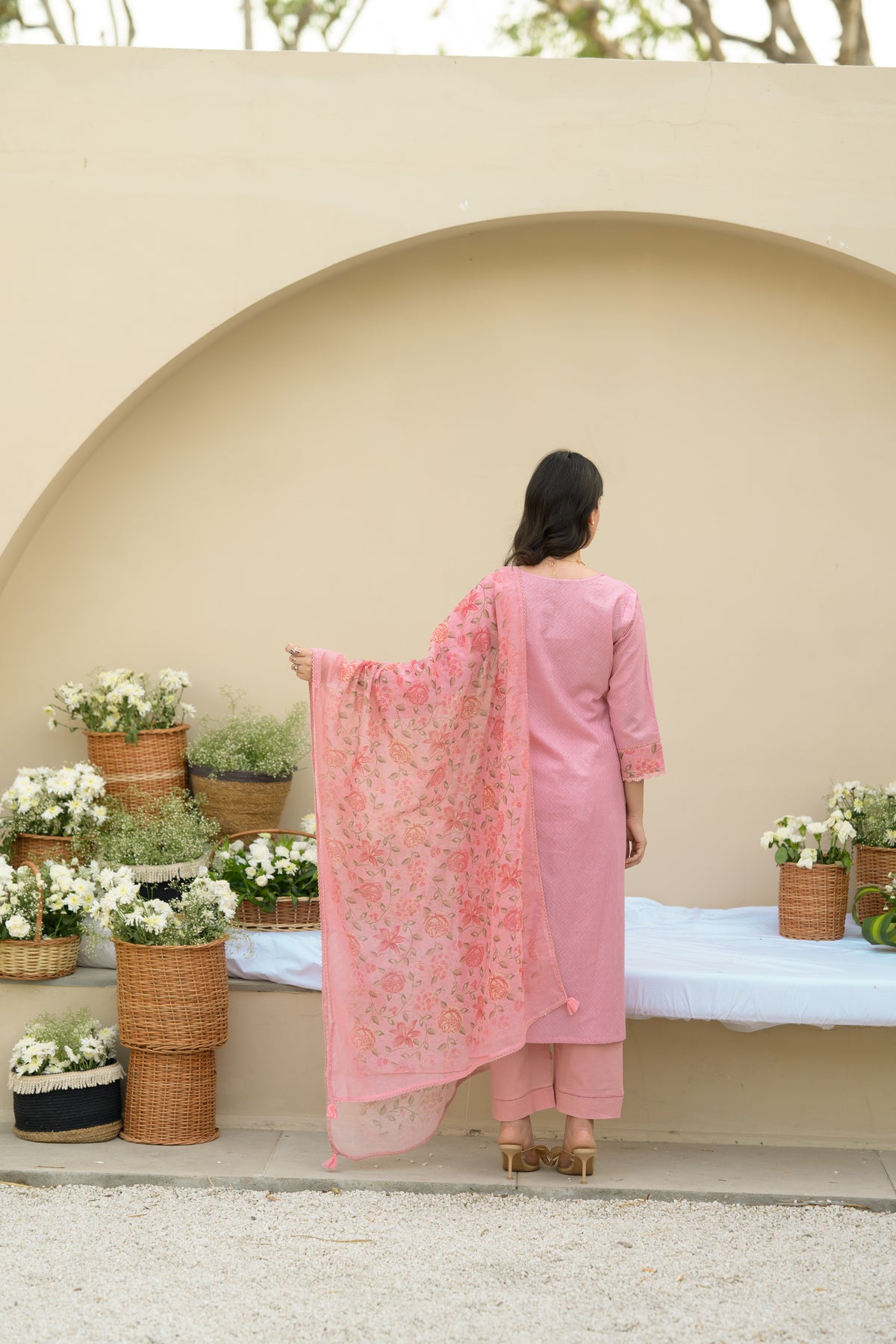 Baby Pink Dobby Cotton with Floral Chanderi Patch Print Kurta and Dupatta Suit Set
