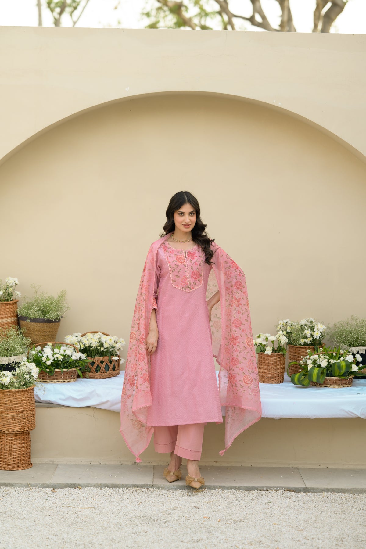 Baby Pink Dobby Cotton with Floral Chanderi Patch Print Kurta and Dupatta Suit Set