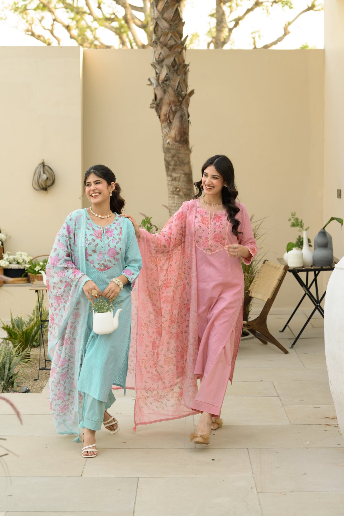 Sky Blue Dobby Cotton with Floral Chanderi Patch Print Kurta and Dupatta Suit Set