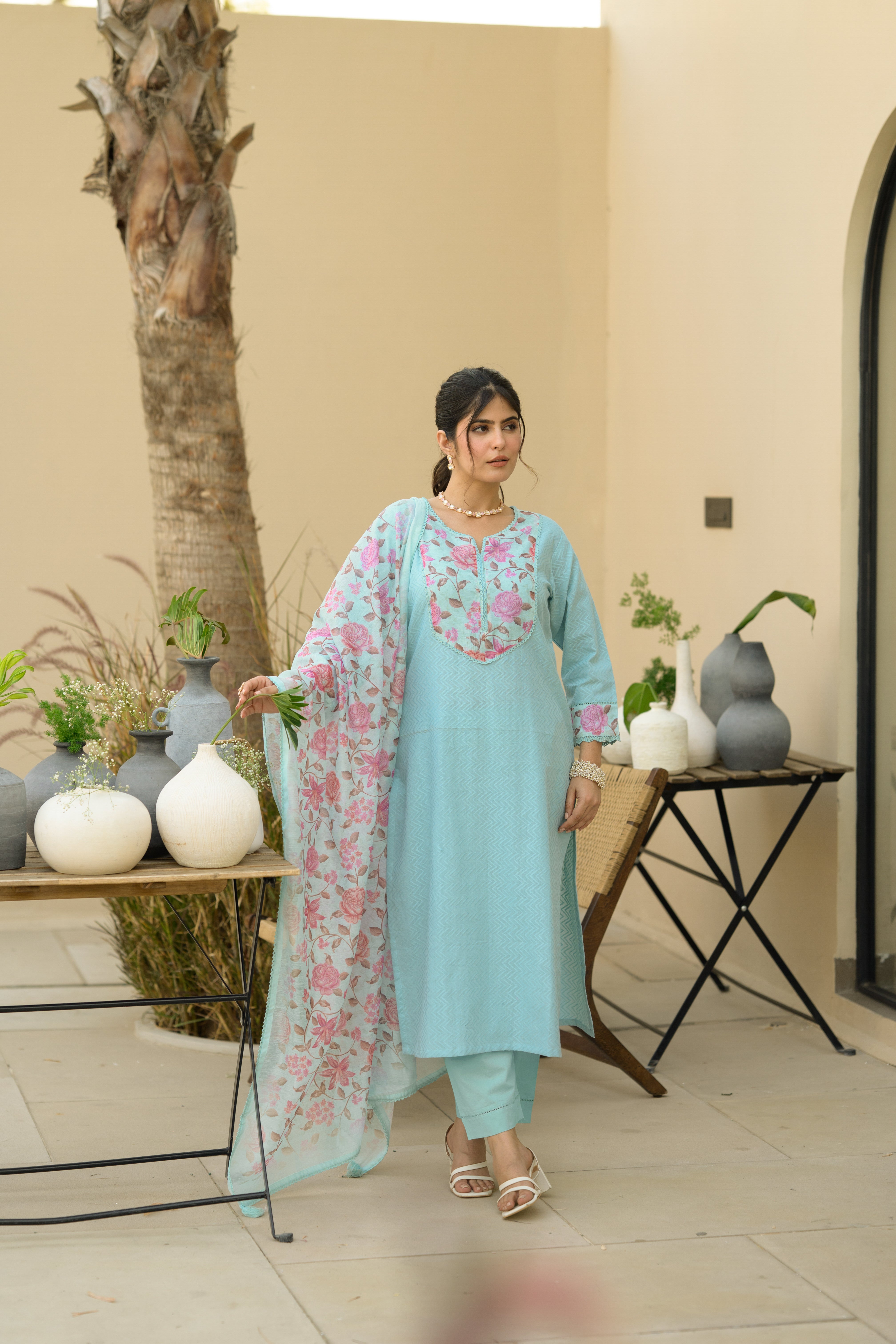 Sky Blue Dobby Cotton with Floral Chanderi Patch Print Kurta and Dupatta Suit Set